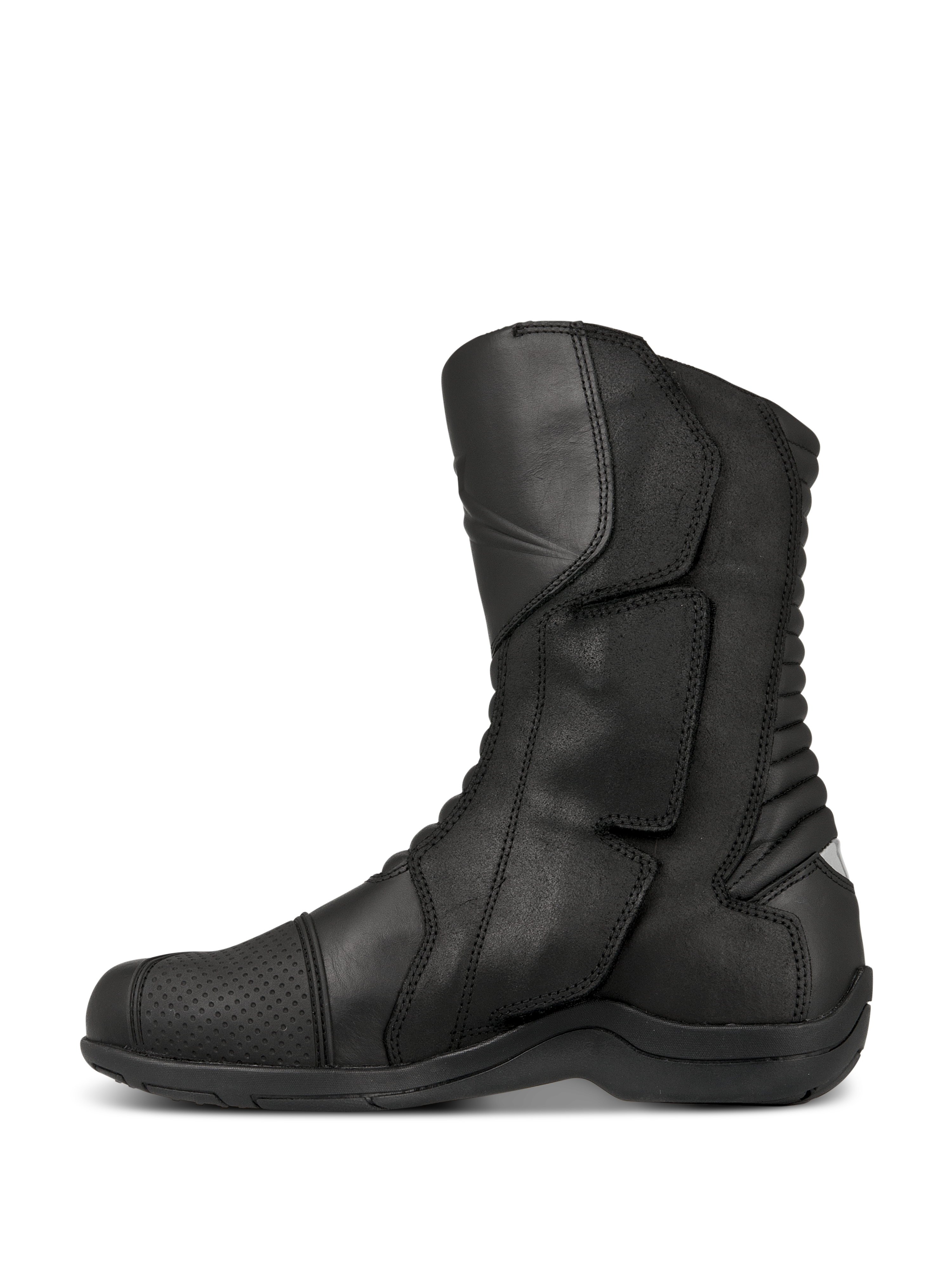 Bottes Alpinestars Web GORE-TEX, bottes de moto touring, noir, vue de profil montrant la construction en cuir, système d'entrée latérale avec large rabat de fermeture, et zones de flexion en accordéon à l'arrière pour la maniabilité