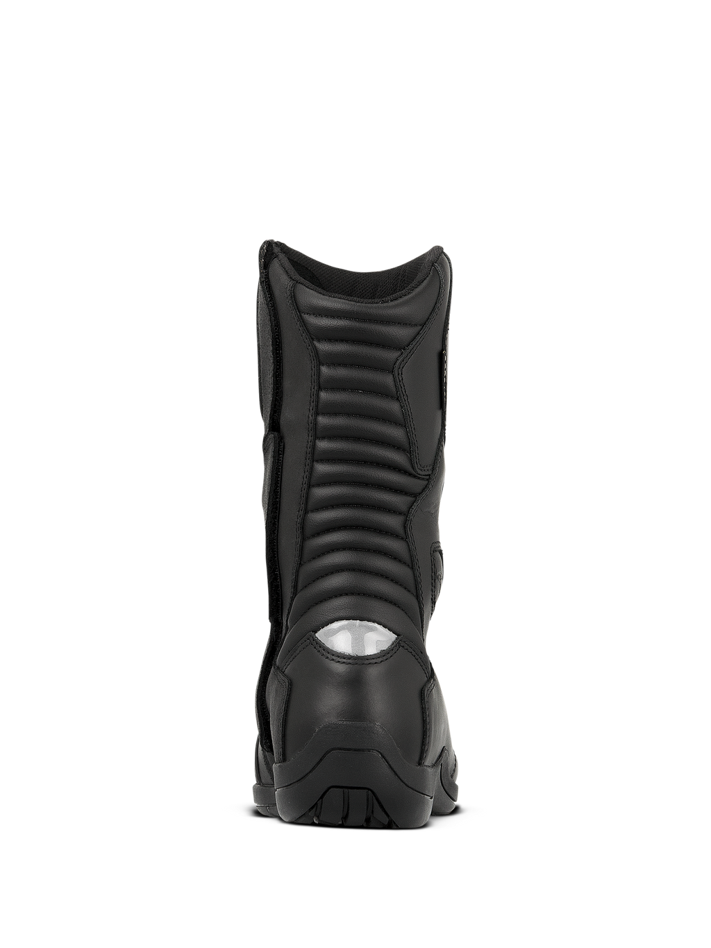 Bottes Alpinestars Web GORE-TEX, bottes de moto touring imperméables, noir, vue arrière avec zones de flexion en accordéon et insert réfléchissant au talon pour la visibilité nocturne, construction en cuir durable et semelle robuste