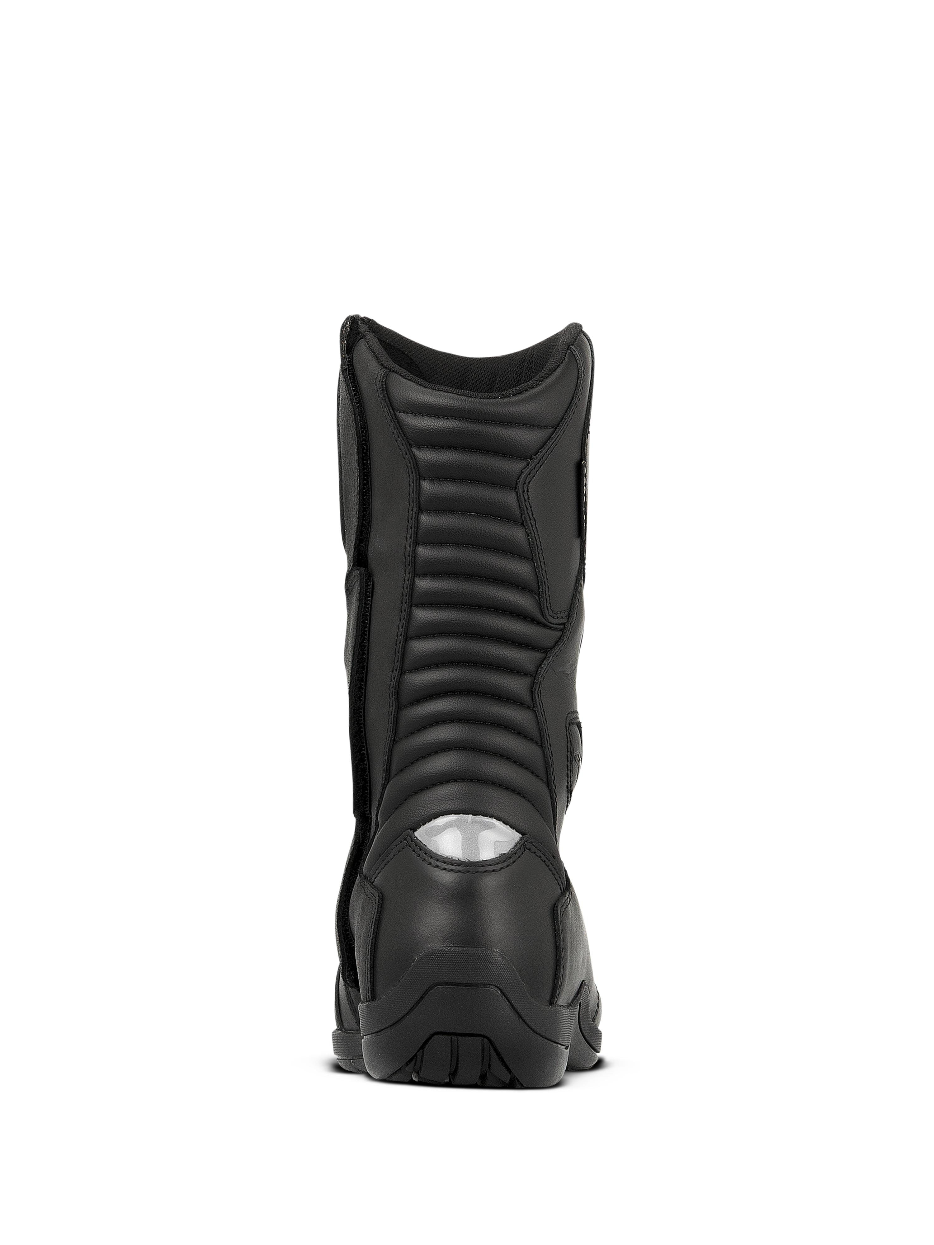 Bottes Alpinestars Web GORE-TEX, bottes de moto touring imperméables, noir, vue arrière avec zones de flexion en accordéon et insert réfléchissant au talon pour la visibilité nocturne, construction en cuir durable et semelle robuste