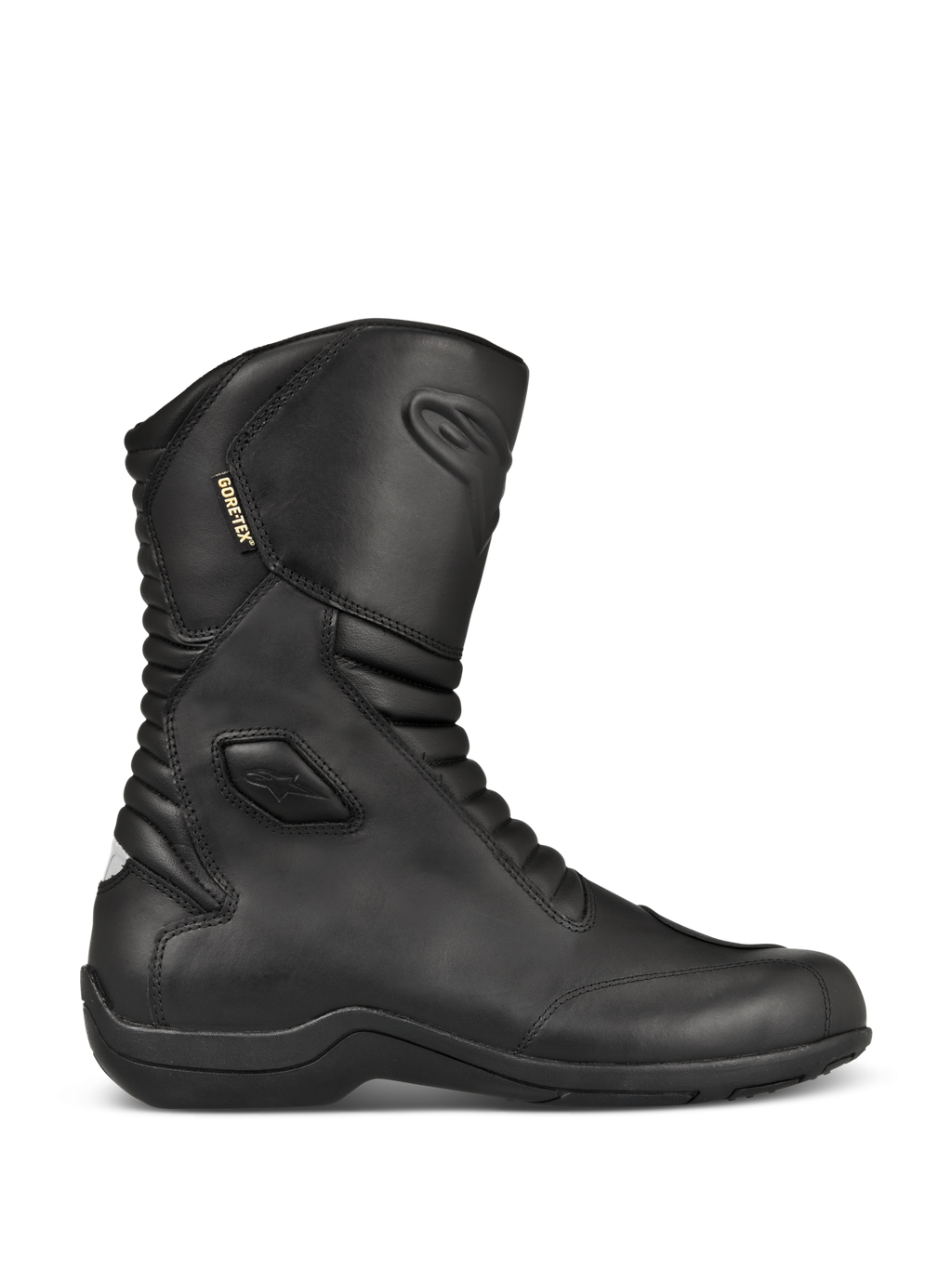 Bottes Alpinestars Web GORE-TEX, bottes de touring moto en cuir noir, vue de profil, doublure GORE-TEX imperméable, protections renforcées de la cheville et de la pointe, zones de flexion en accordéon à l'avant et à l'arrière, semelle en caoutchouc robuste, équipement de route élégant toutes saisons