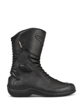 Bottes Alpinestars Web GORE-TEX, bottes de touring moto en cuir noir, vue de profil, doublure GORE-TEX imperméable, protections renforcées de la cheville et de la pointe, zones de flexion en accordéon à l'avant et à l'arrière, semelle en caoutchouc robuste, équipement de route élégant toutes saisons