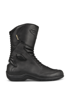 Bottes Alpinestars Web GORE-TEX, bottes de touring moto en cuir noir, vue de profil, doublure GORE-TEX imperméable, protections renforcées de la cheville et de la pointe, zones de flexion en accordéon à l'avant et à l'arrière, semelle en caoutchouc robuste, équipement de route élégant toutes saisons