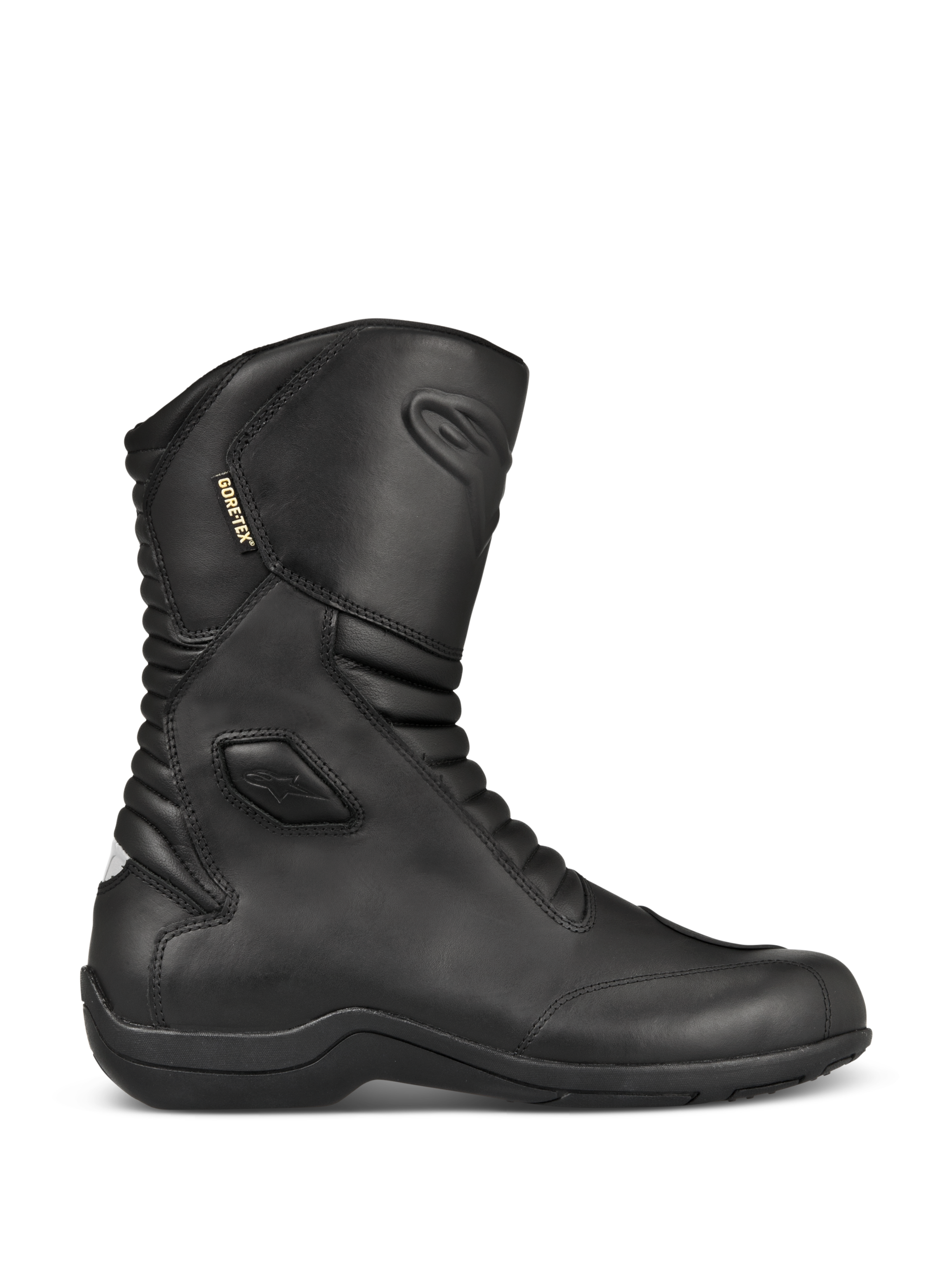 Bottes Alpinestars Web GORE-TEX, bottes de touring moto en cuir noir, vue de profil, doublure GORE-TEX imperméable, protections renforcées de la cheville et de la pointe, zones de flexion en accordéon à l'avant et à l'arrière, semelle en caoutchouc robuste, équipement de route élégant toutes saisons