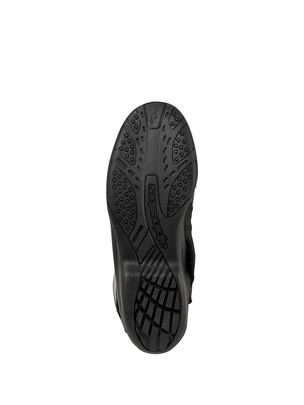 Bottes Alpinestars Web GORE-TEX, bottes de moto touring, noir, vue de dessous de la semelle présentant une texture en caoutchouc pour l'adhérence et le logo Alpinestars