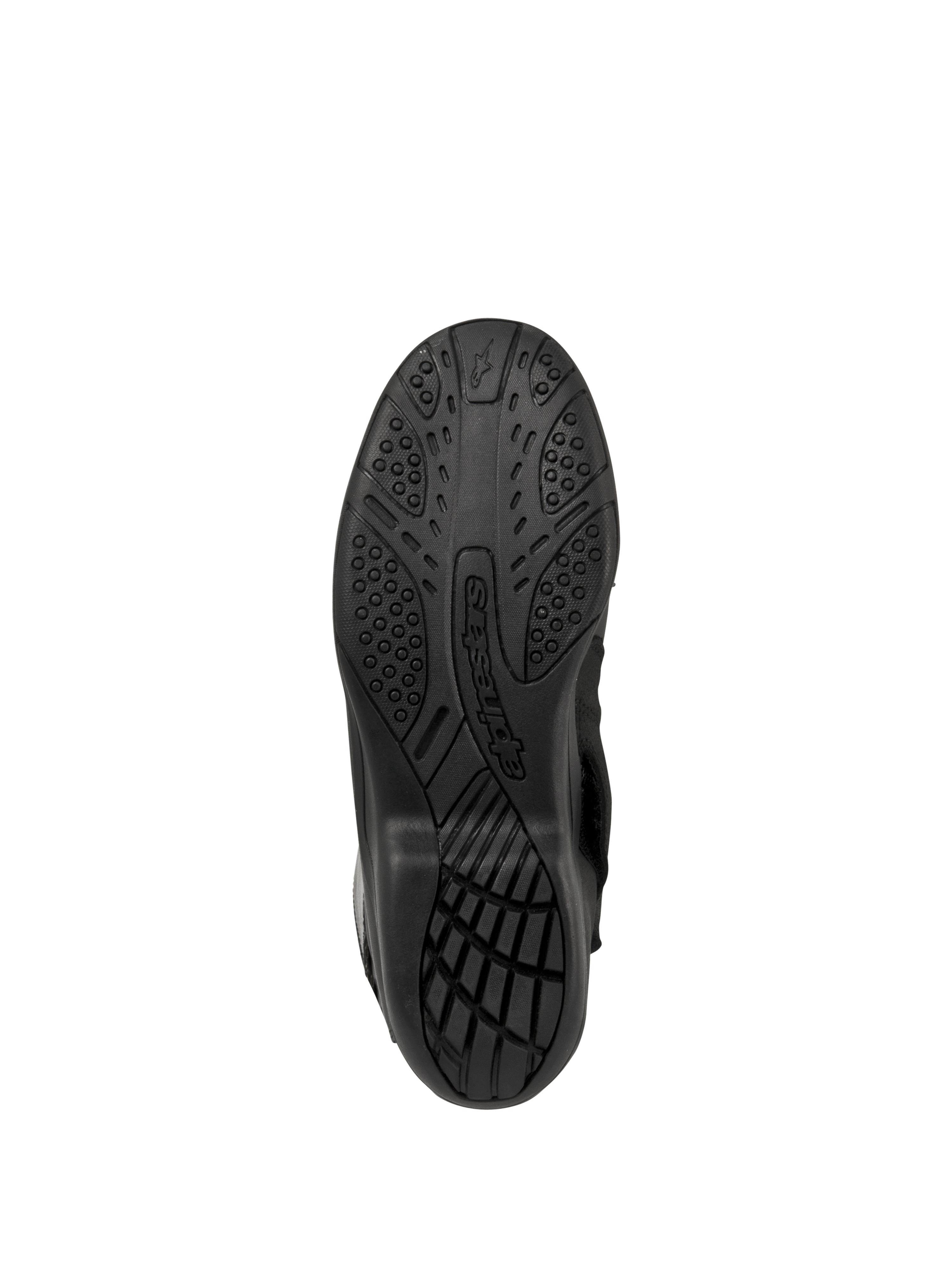Bottes Alpinestars Web GORE-TEX, bottes de moto touring, noir, vue de dessous de la semelle présentant une texture en caoutchouc pour l'adhérence et le logo Alpinestars