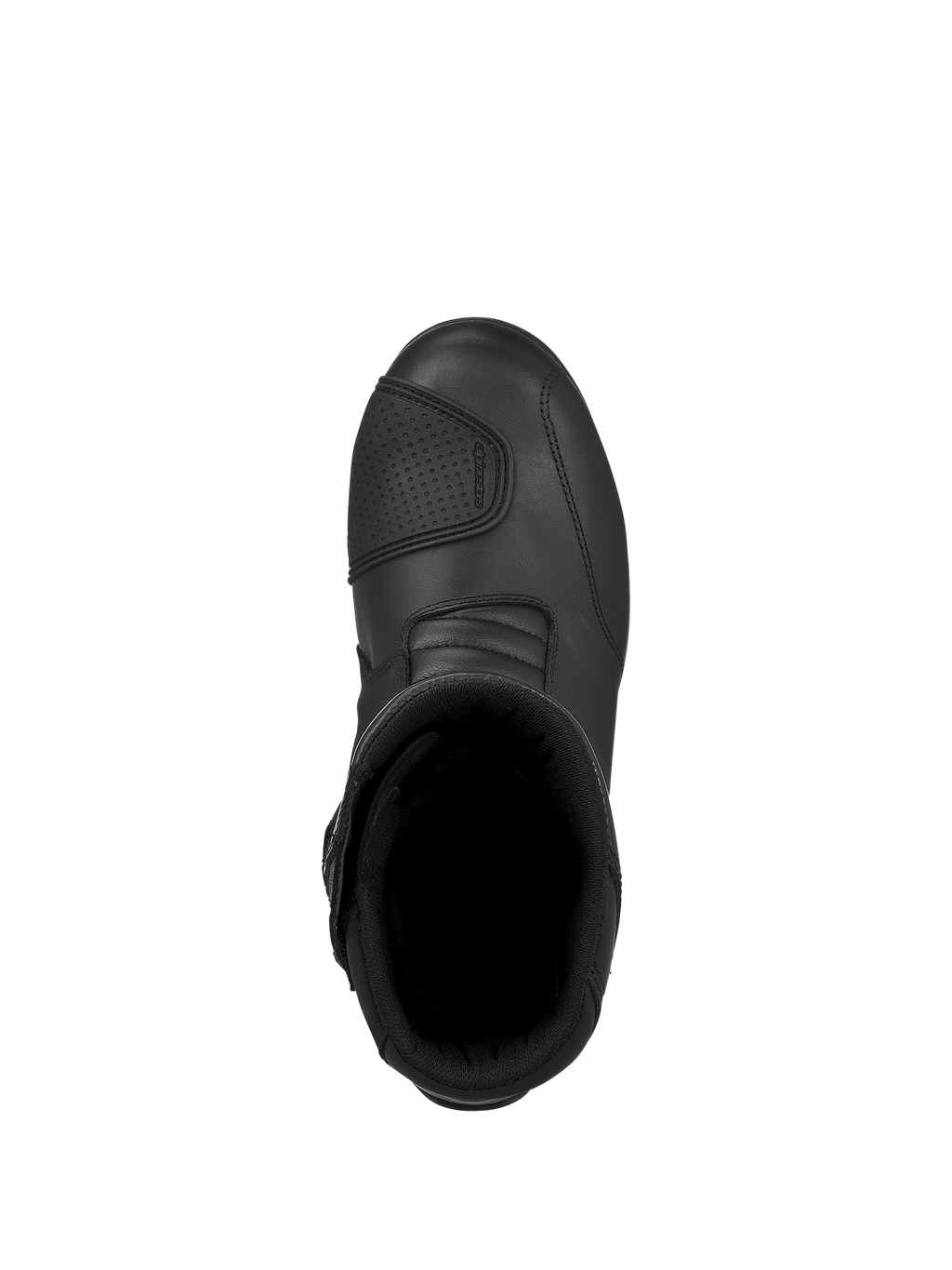 Alpinestars Web GORE-TEX Boots, bottes de moto touring noires, vue de dessus montrant l'ouverture intérieure et le protège-sélecteur texturé, construction en cuir durable pour la conduite sur route