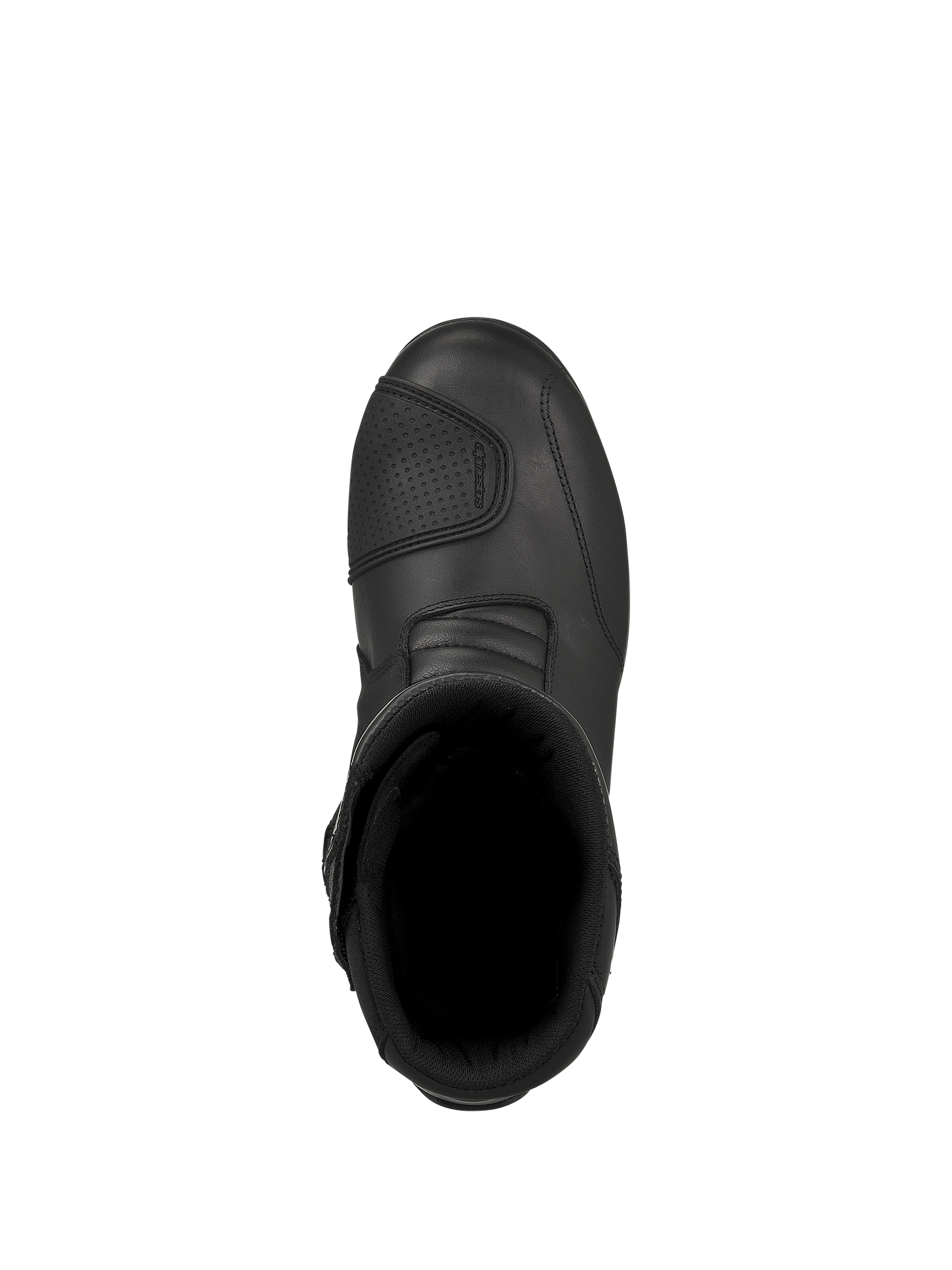 Alpinestars Web GORE-TEX Boots, bottes de moto touring noires, vue de dessus montrant l'ouverture intérieure et le protège-sélecteur texturé, construction en cuir durable pour la conduite sur route