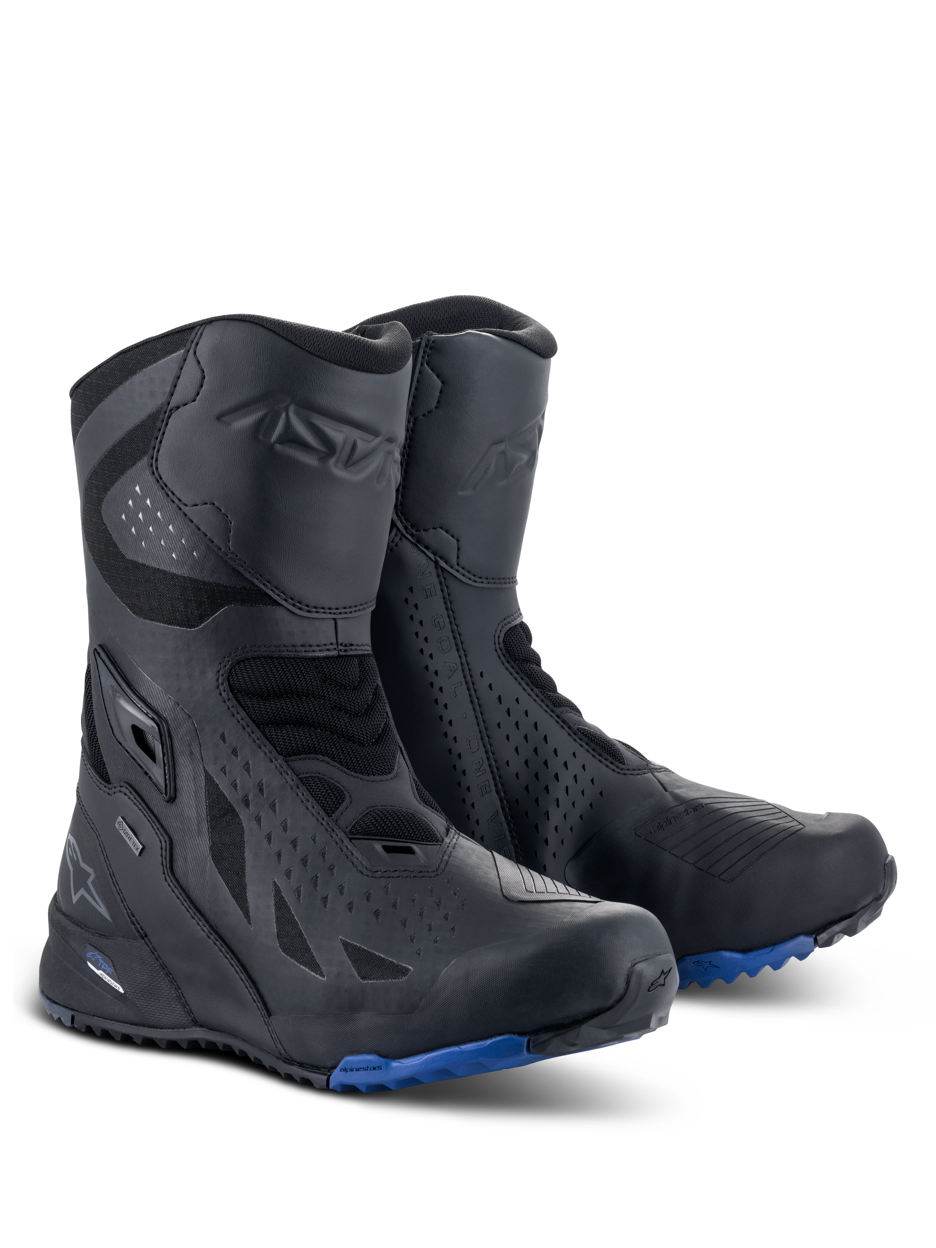 Bottes Alpinestars RT-8 GORE-TEX, bottes de moto touring, noir et bleu, dotées d'une tige technique en microfibre et textile synthétique, semelle à crampons bleue pour l'adhérence, construction GORE-TEX imperméable, et zones de protection du tibia et du talon.