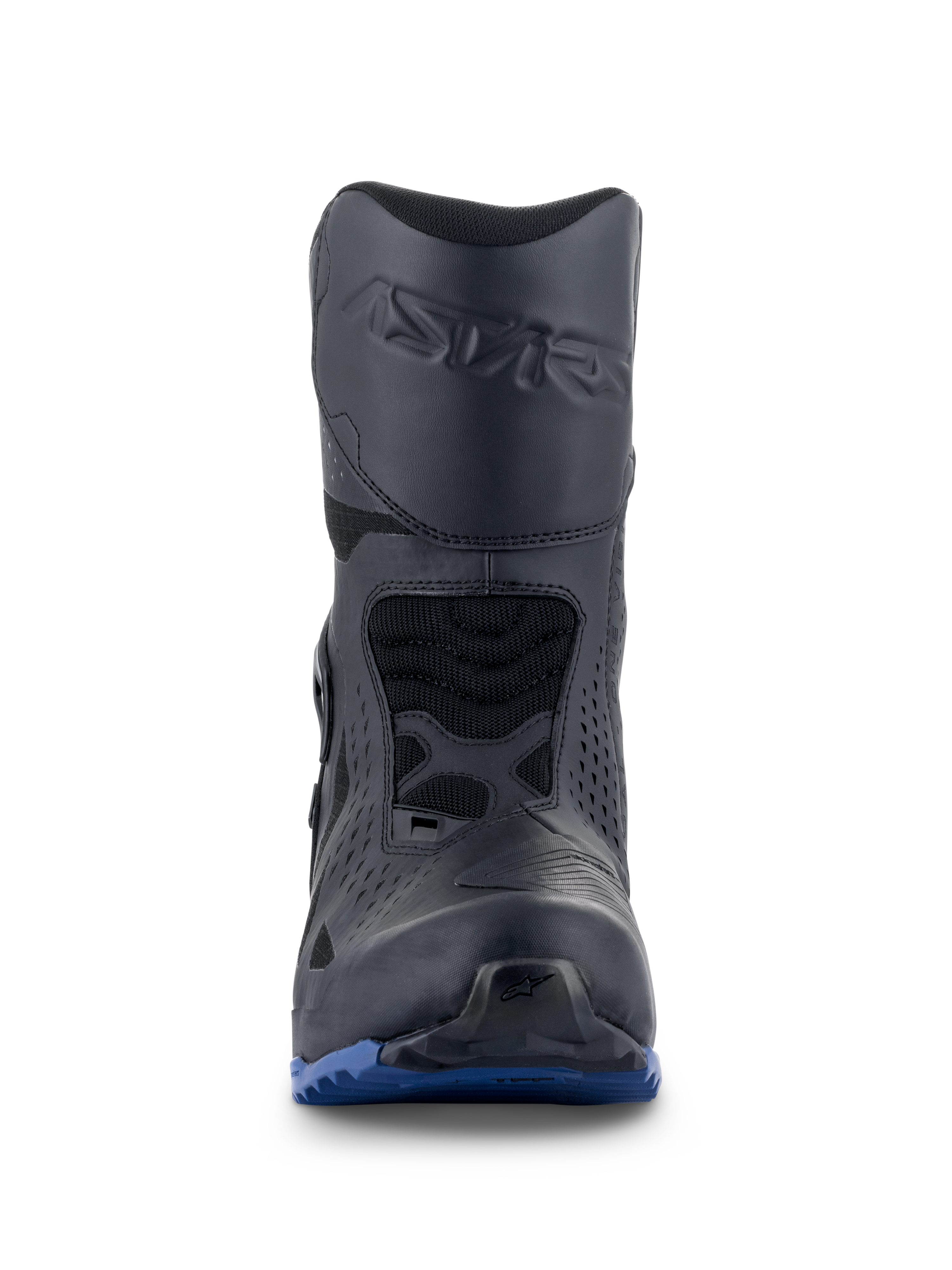 Bottes Alpinestars RT-8 GORE-TEX, bottes de moto touring, noir et bleu, vue de face avec logo Astars embossé sur le tibia, protection de sélecteur et semelle extérieure bleue robuste pour une traction tout-terrain
