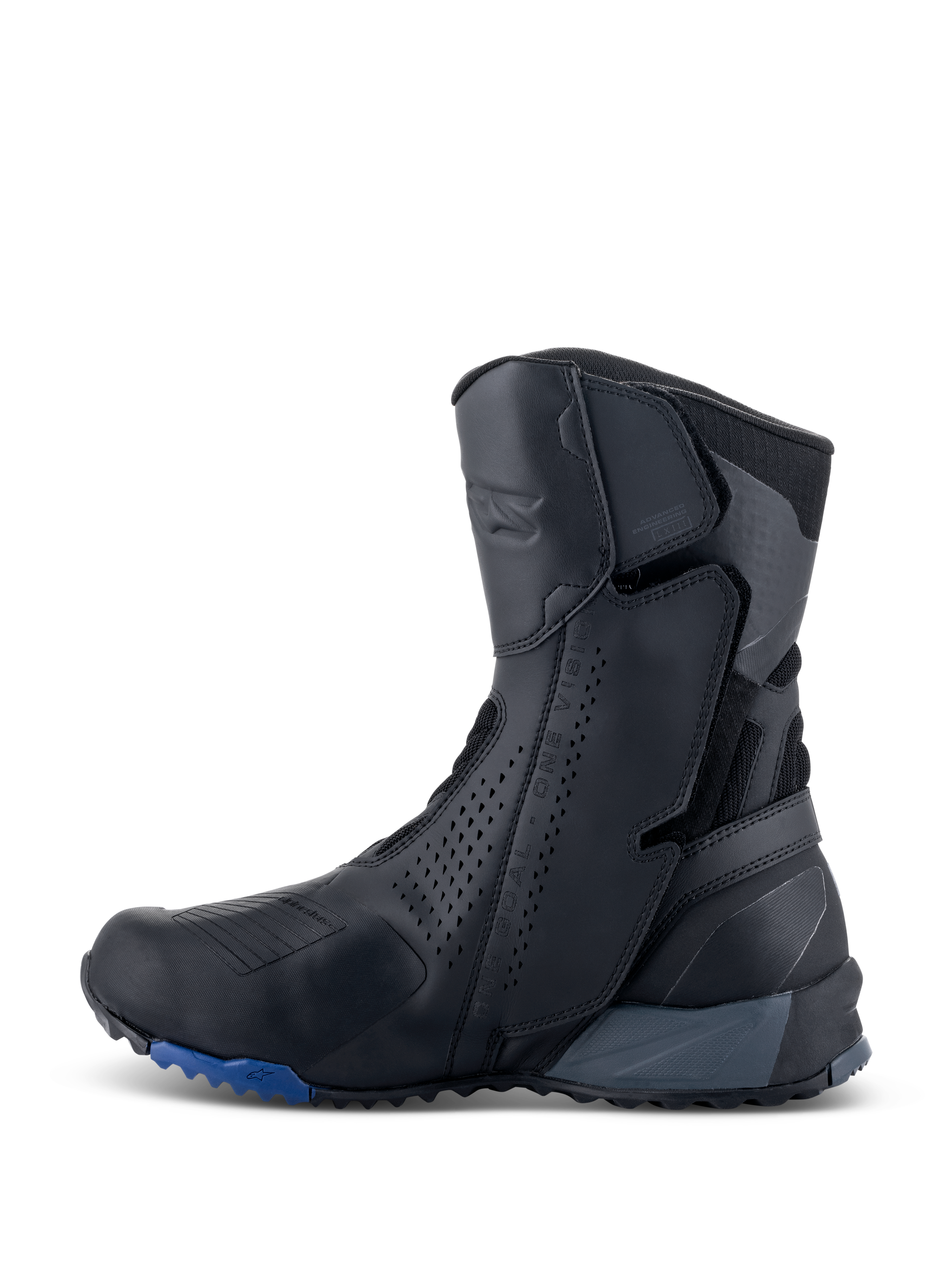 Bottes Alpinestars RT-8 GORE-TEX, bottes de moto touring, noir et bleu, vue de profil montrant une tige élégante en microfibre avec des panneaux perforés, des zones de protection intégrées et une semelle robuste aux accents bleus.