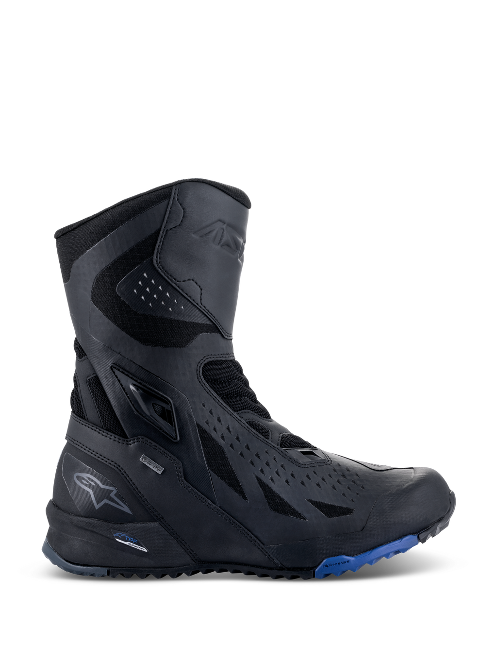 Bottes Alpinestars RT-8 GORE-TEX, bottes de moto touring, noires avec accents bleus sur la semelle, dotées d'un design technique montant avec tige en microfibre et textile, perforations triangulaires, marquage GORE-TEX et semelle robuste.