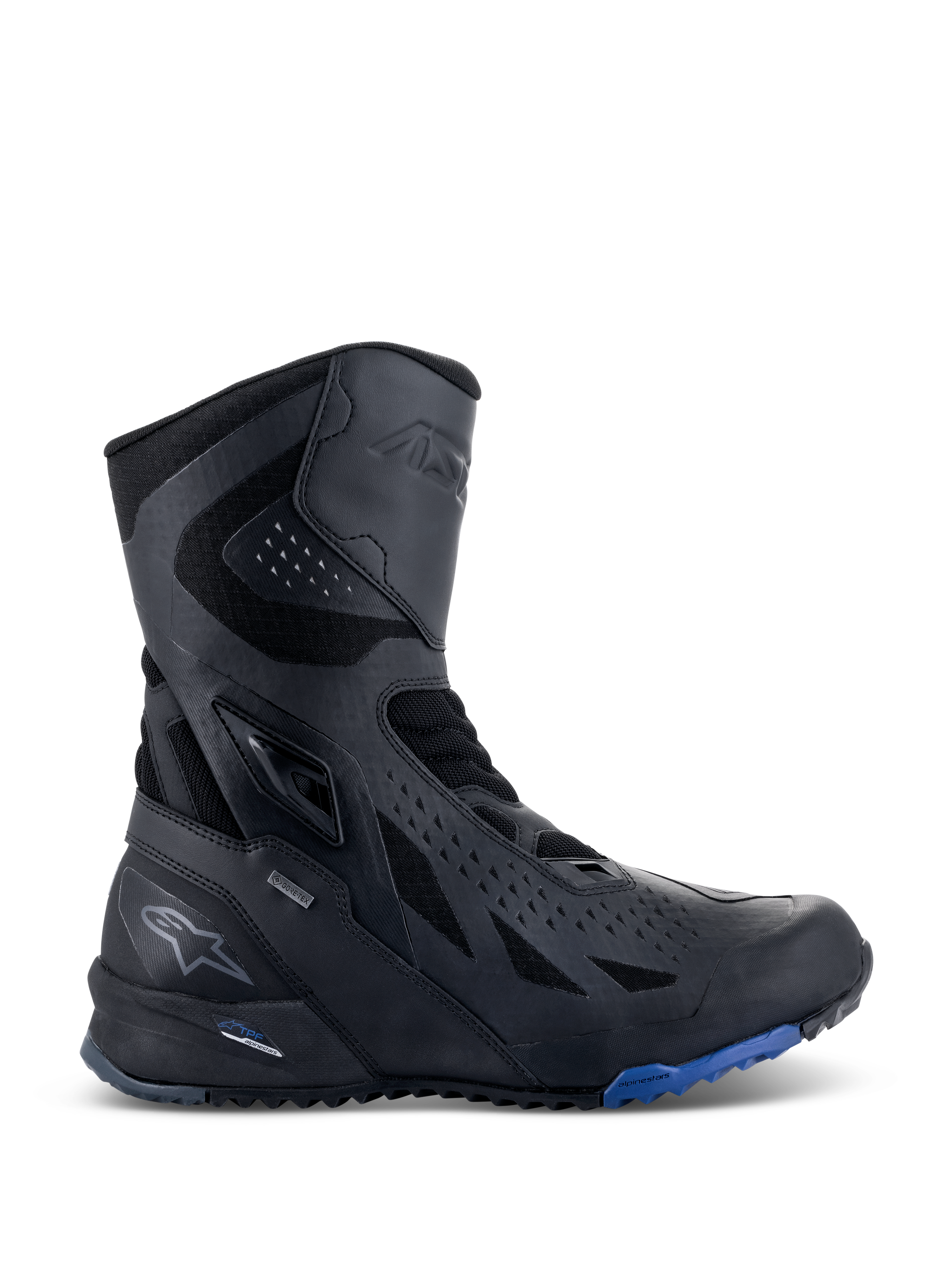 Bottes Alpinestars RT-8 GORE-TEX, bottes de moto touring, noires avec accents bleus sur la semelle, dotées d'un design technique montant avec tige en microfibre et textile, perforations triangulaires, marquage GORE-TEX et semelle robuste.