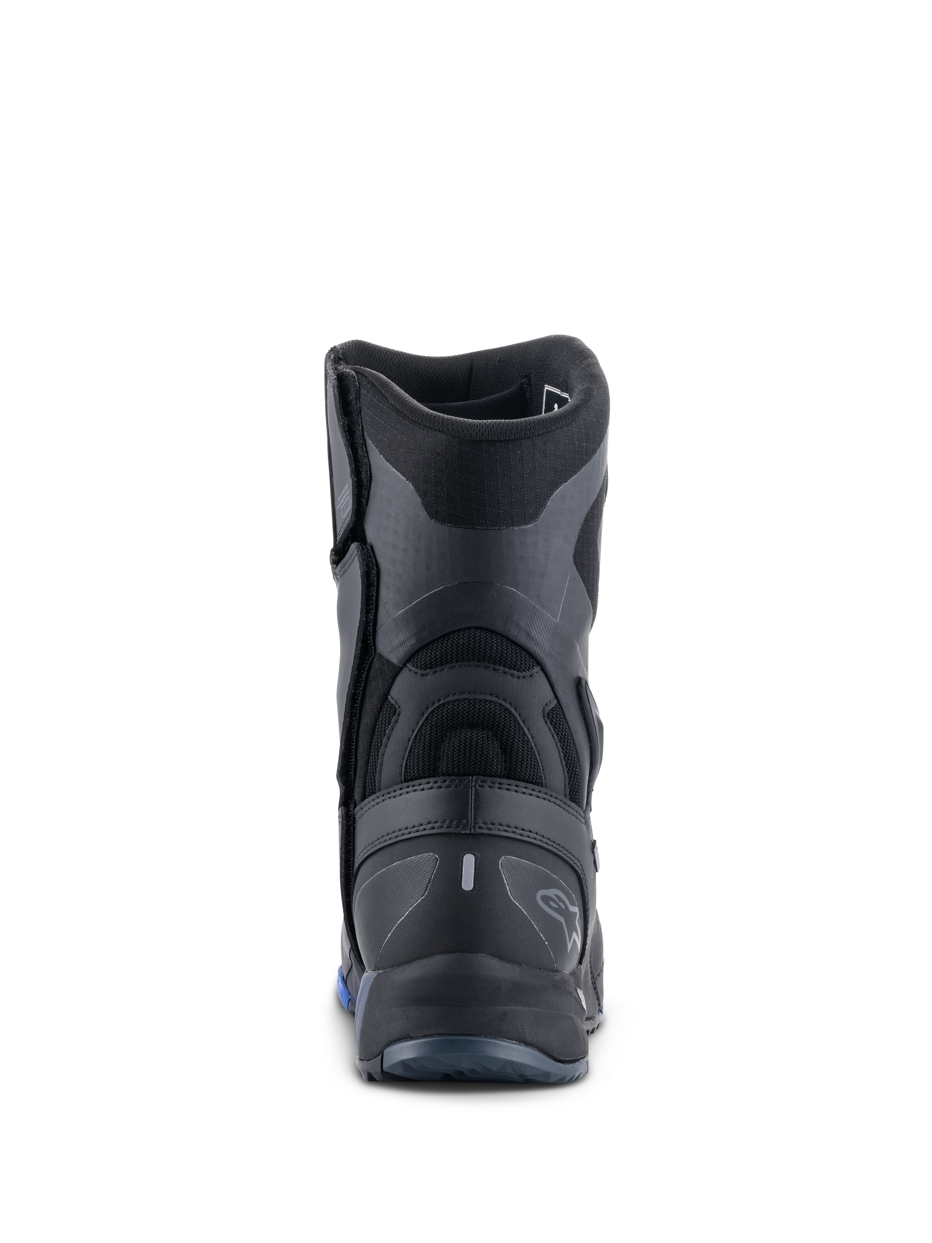 Bottes Alpinestars RT-8 GORE-TEX, bottes de moto touring, noir et bleu, vue arrière mettant en évidence le contrefort de talon renforcé, les panneaux synthétiques texturés et le marquage discret Alpinestars.