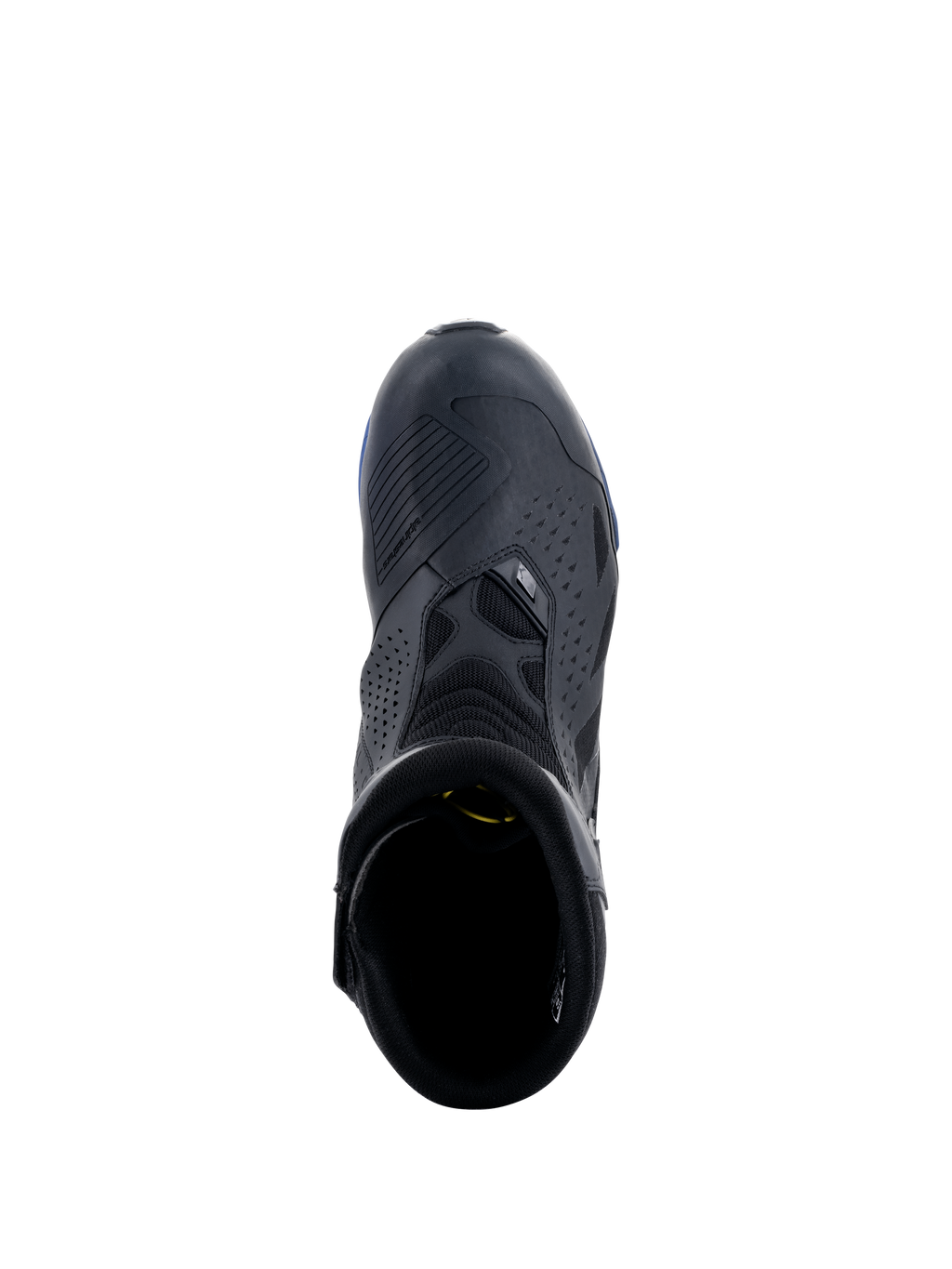 Bottes Alpinestars RT-8 GORE-TEX, noir et bleu, vue de dessus montrant le renfort de sélecteur, les panneaux en microfibre perforée et les détails bleus sur la semelle, chaussures de moto de touring techniques et imperméables