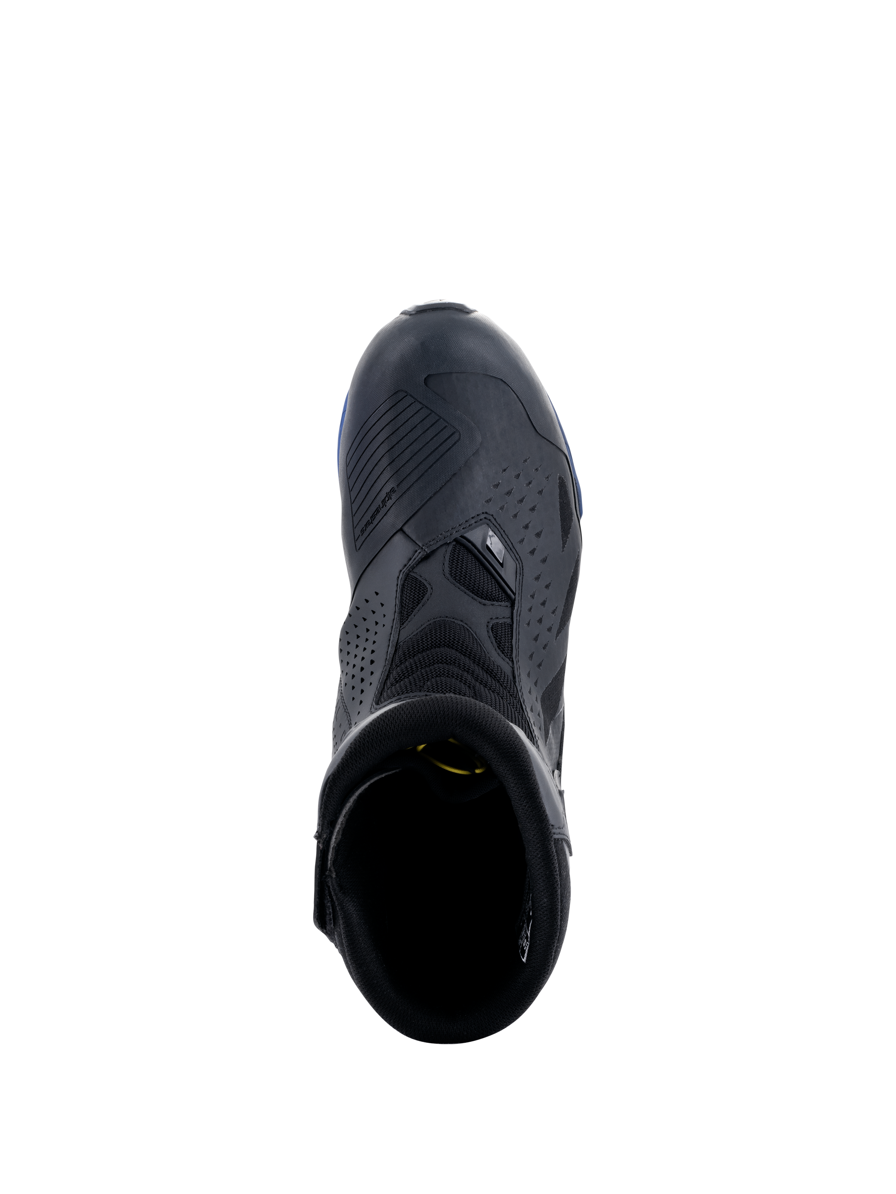 Bottes Alpinestars RT-8 GORE-TEX, noir et bleu, vue de dessus montrant le renfort de sélecteur, les panneaux en microfibre perforée et les détails bleus sur la semelle, chaussures de moto de touring techniques et imperméables