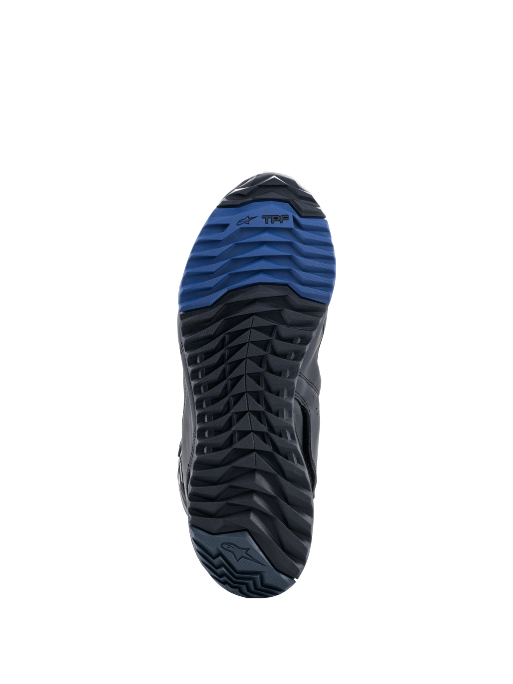 Bottes Alpinestars RT-8 GORE-TEX, vue de la semelle montrant la semelle extérieure en caoutchouc noir et bleu, dotée d'un motif de crampons robuste et du marquage TPF, conçue pour l'adhérence et le confort de marche sur les terrains d'aventure touring.