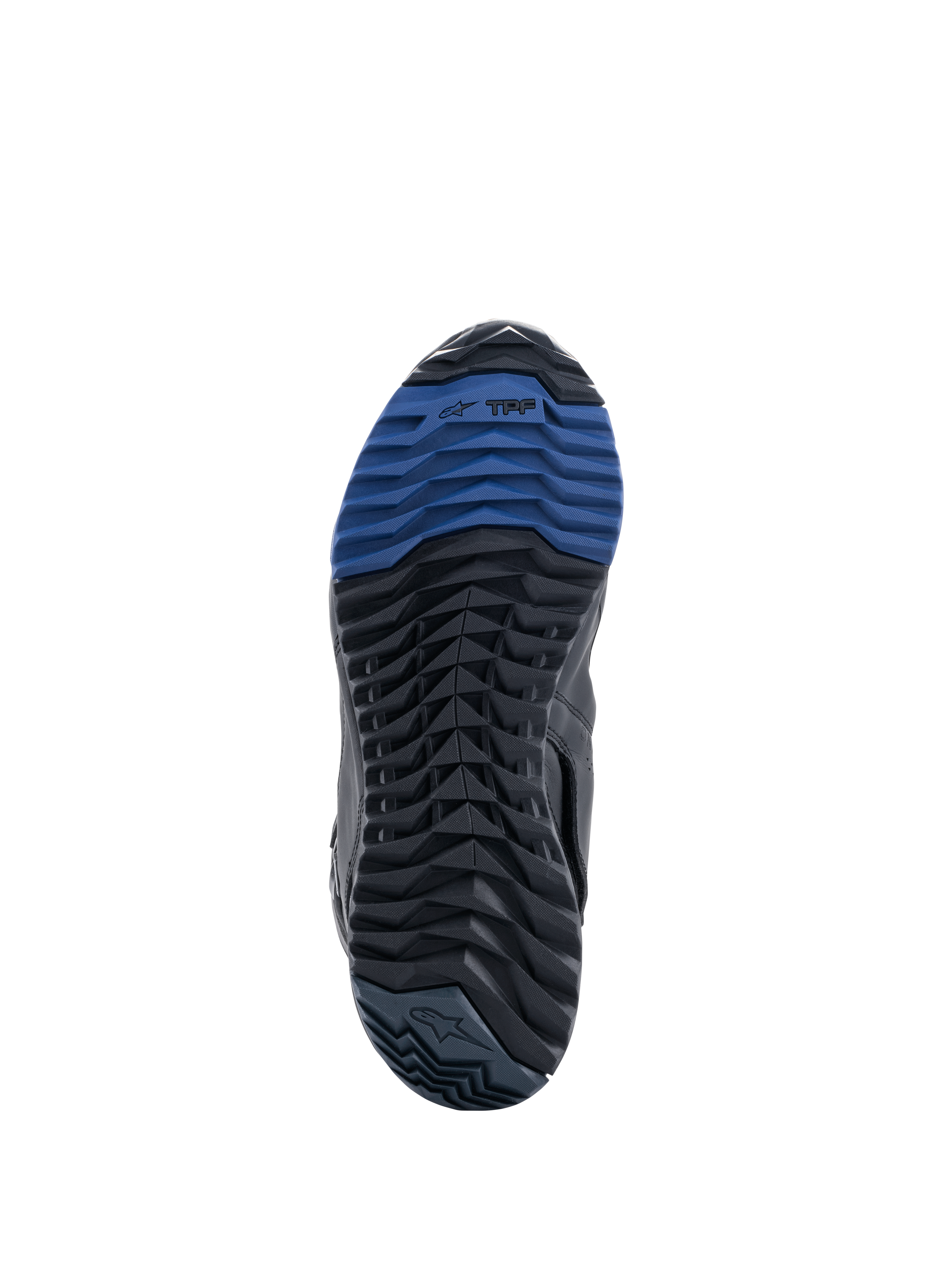 Bottes Alpinestars RT-8 GORE-TEX, vue de la semelle montrant la semelle extérieure en caoutchouc noir et bleu, dotée d'un motif de crampons robuste et du marquage TPF, conçue pour l'adhérence et le confort de marche sur les terrains d'aventure touring.