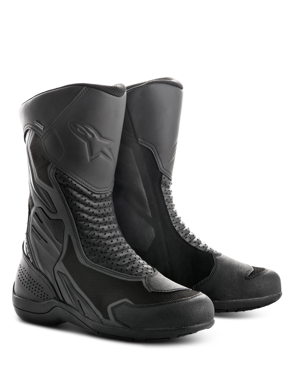 Alpinestars Air Plus V2 GORE-TEX Boots, Motorcycle Touring Boots, Black, featuring a combination of ventilated mesh and leather construction, perforated accordion panels for flexibility, embossed star logo on the shin, and a durable rubber sole designed for all-weather riding.
