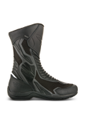 Alpinestars Air Plus V2 GORE-TEX Boots, Black Motorcycle Touring Boots, side view showing ventilated mesh and perforated leather construction, waterproof and breathable design, reinforced protection areas, sturdy rubber sole, GORE-TEX branding detail