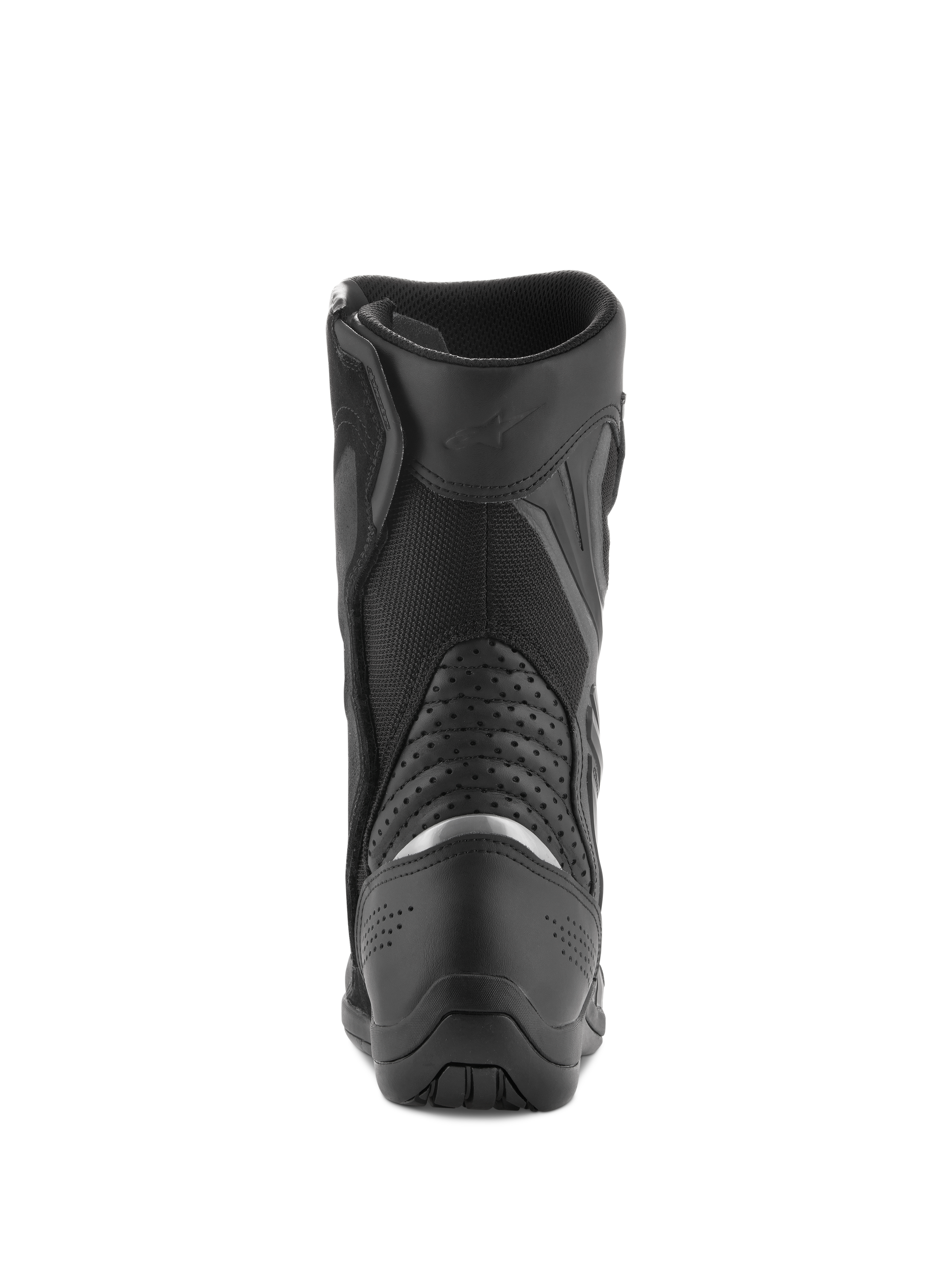 Alpinestars Air Plus V2 GORE-TEX Boots, Motorcycle Touring Boots, Black, rear view showing the heel and calf area, featuring a silver reflective insert, perforated leather accordion panels, and breathable mesh construction