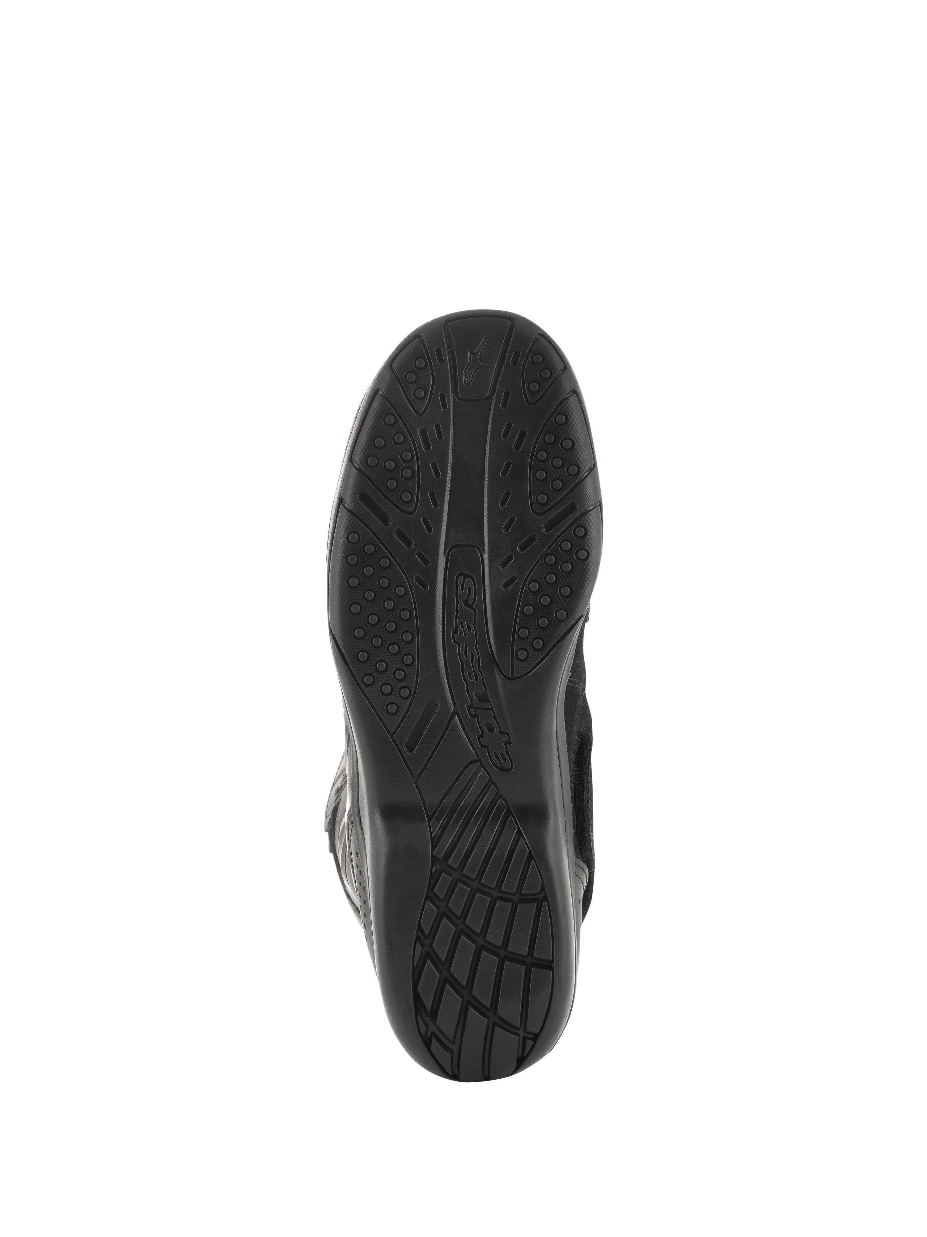 Alpinestars Air Plus V2 GORE-TEX Boots, Motorcycle Touring Boots, Black, bottom sole view showing the exclusive compound rubber tread pattern for grip and comfort, features Alpinestars logo branding