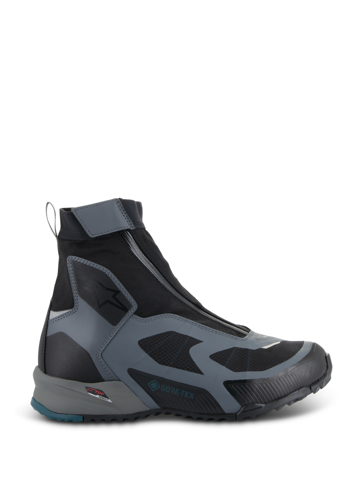 Chaussures Alpinestars CR-8 GORE-TEX, bottes de moto noires et gris foncé, conception montante imperméable avec fermeture éclair inclinée, panneaux textiles respirants, cadre de protection TPF, semelle robuste avec accent bleu pétrole au talon