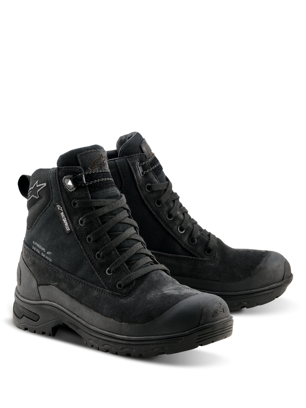 Alpinestars Bottes Judy Waterproof pour femme, bottes de moto noires, design inspiré des bottes de combat avec fermeture à lacets, étiquette waterproof, construction en daim et textile, semelle en caoutchouc robuste pour le confort à moto et à pied