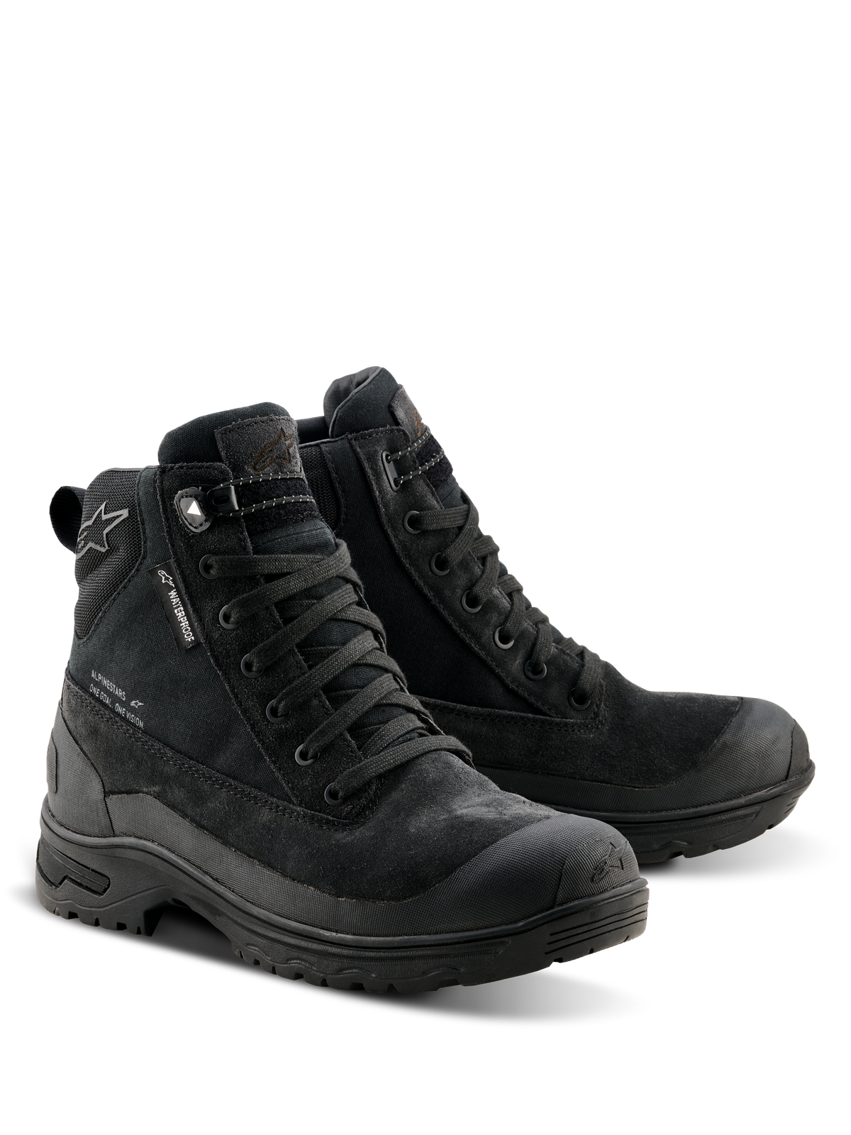 Alpinestars Bottes Judy Waterproof pour femme, bottes de moto noires, design inspiré des bottes de combat avec fermeture à lacets, étiquette waterproof, construction en daim et textile, semelle en caoutchouc robuste pour le confort à moto et à pied