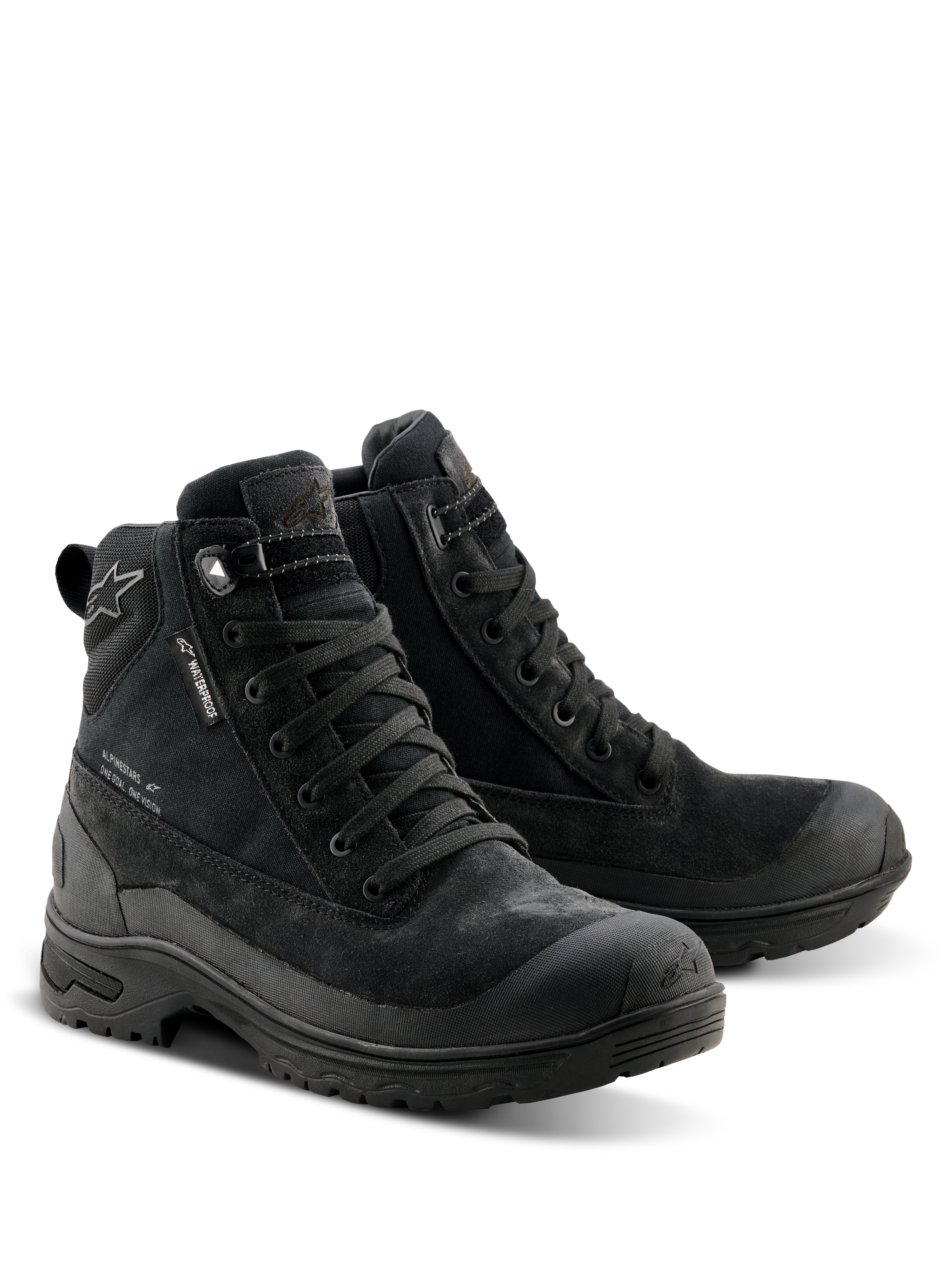 Alpinestars Bottes Judy Waterproof pour femme, bottes de moto noires, design inspiré des bottes de combat avec fermeture à lacets, étiquette waterproof, construction en daim et textile, semelle en caoutchouc robuste pour le confort à moto et à pied