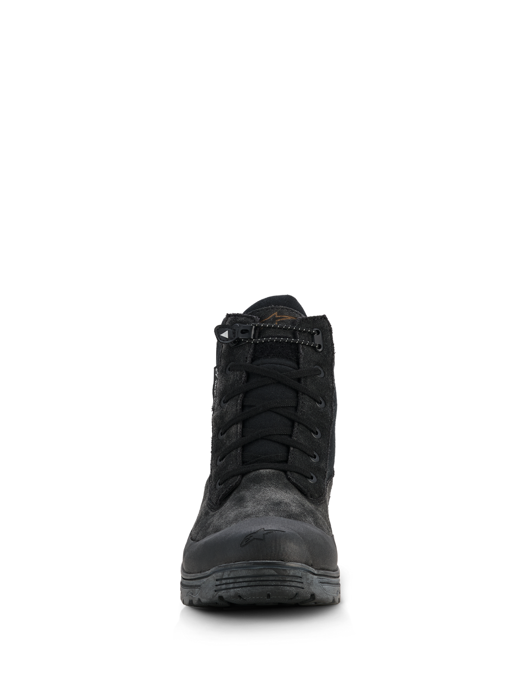 Bottes imperméables Alpinestars Woman Judy, bottes de moto pour femme, noir, vue de face avec un design de style combat, fermeture à lacets avec cordon de serrage élastiqué au col, finition mate avec renfort de pointe en caoutchouc et semelle surélevée