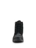 Bottes imperméables Alpinestars Woman Judy, bottes de moto pour femme, noir, vue de face avec un design de style combat, fermeture à lacets avec cordon de serrage élastiqué au col, finition mate avec renfort de pointe en caoutchouc et semelle surélevée