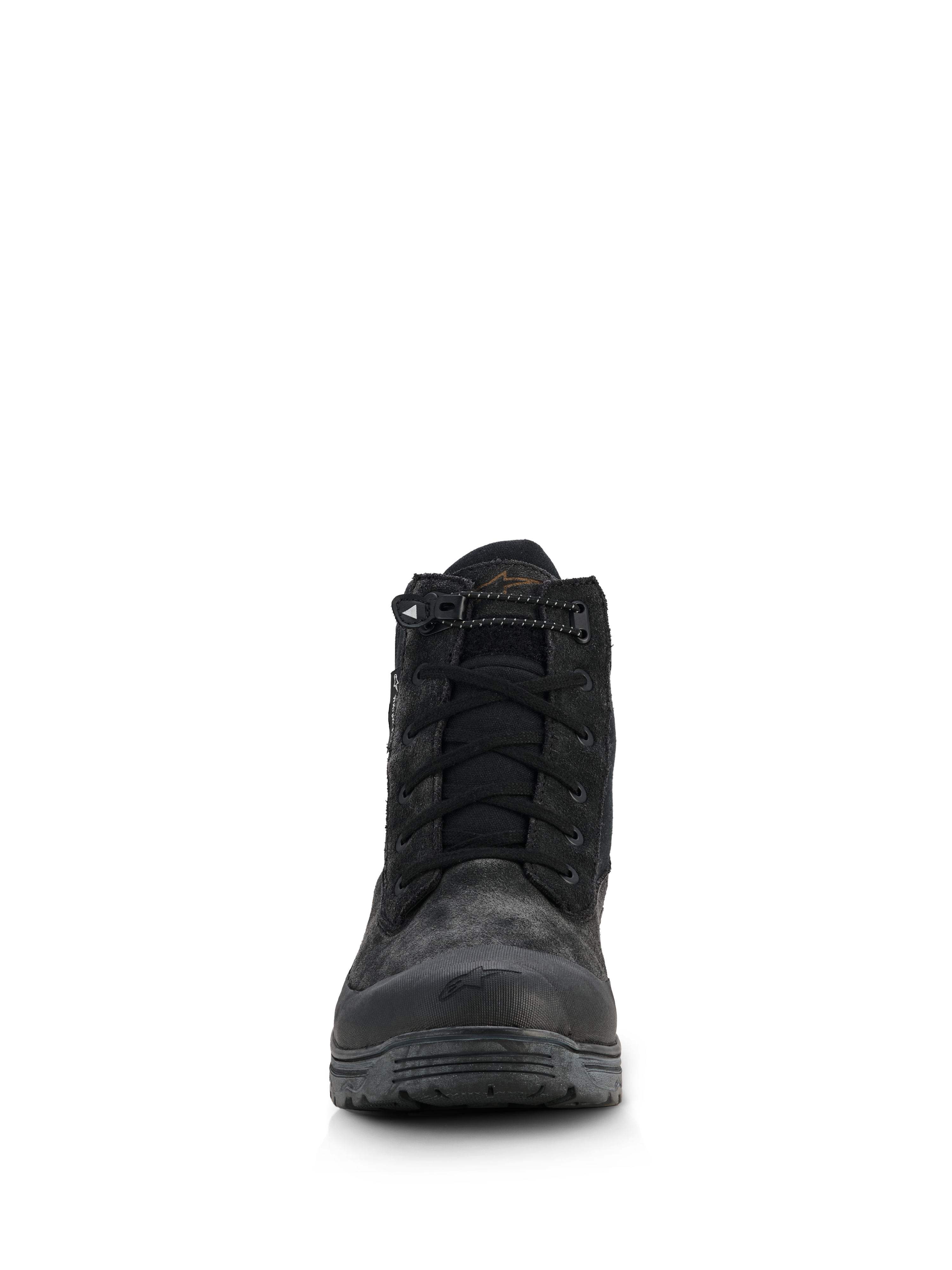 Bottes imperméables Alpinestars Woman Judy, bottes de moto pour femme, noir, vue de face avec un design de style combat, fermeture à lacets avec cordon de serrage élastiqué au col, finition mate avec renfort de pointe en caoutchouc et semelle surélevée
