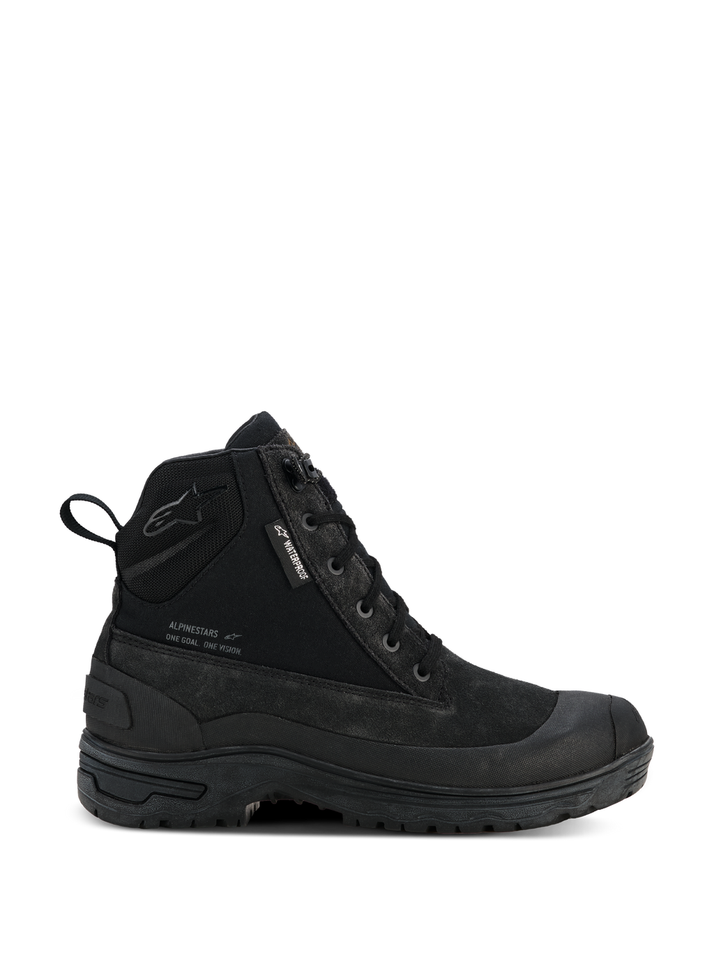 Alpinestars Woman Judy Waterproof Boots, bottes de moto urbaines pour femme, noires, style combat montant avec lacets à l'avant, semelle épaisse et robuste, étiquette imperméable et languette de tirage à l'arrière, finition en daim mat et textile