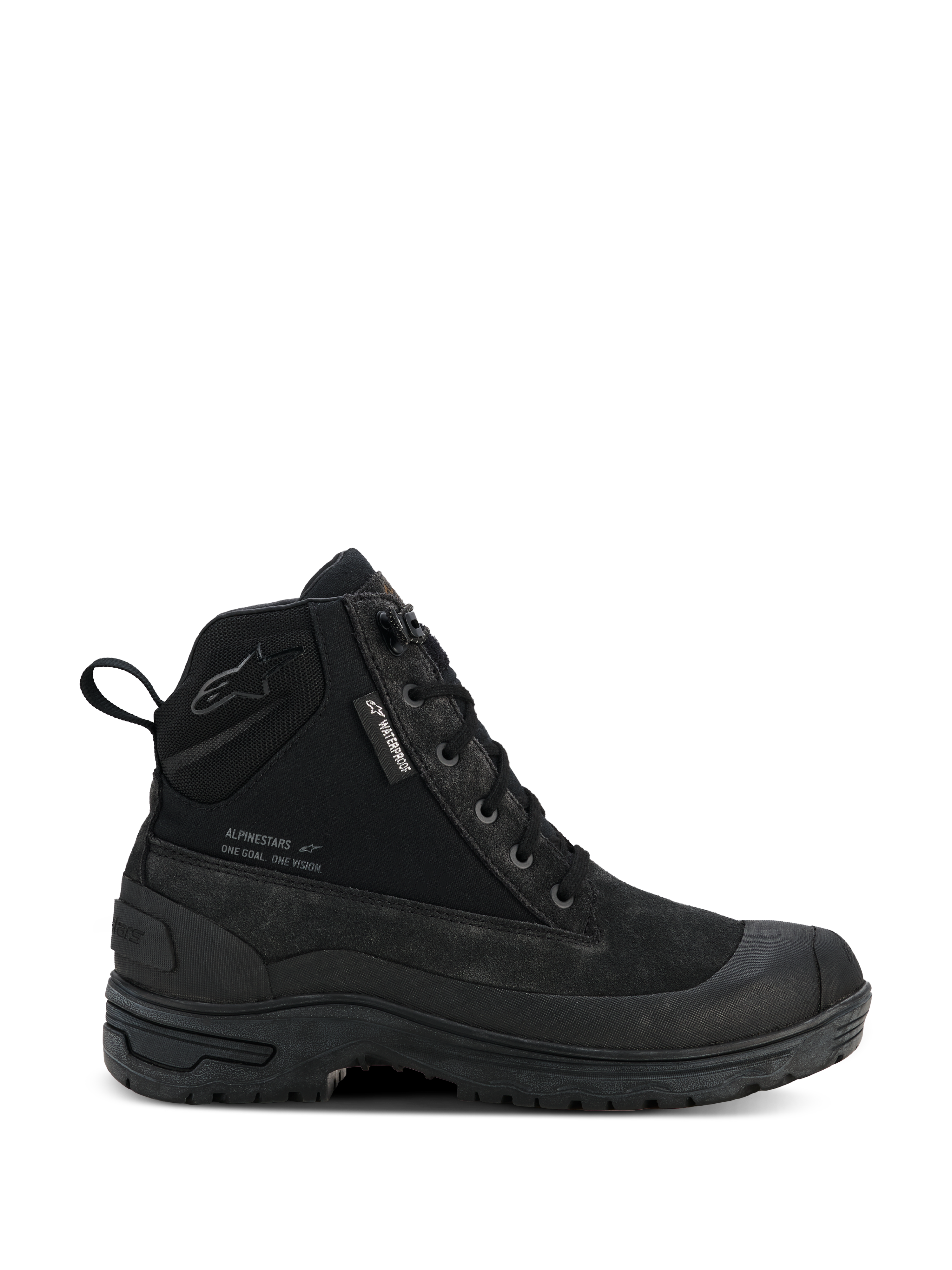 Alpinestars Woman Judy Waterproof Boots, bottes de moto urbaines pour femme, noires, style combat montant avec lacets à l'avant, semelle épaisse et robuste, étiquette imperméable et languette de tirage à l'arrière, finition en daim mat et textile