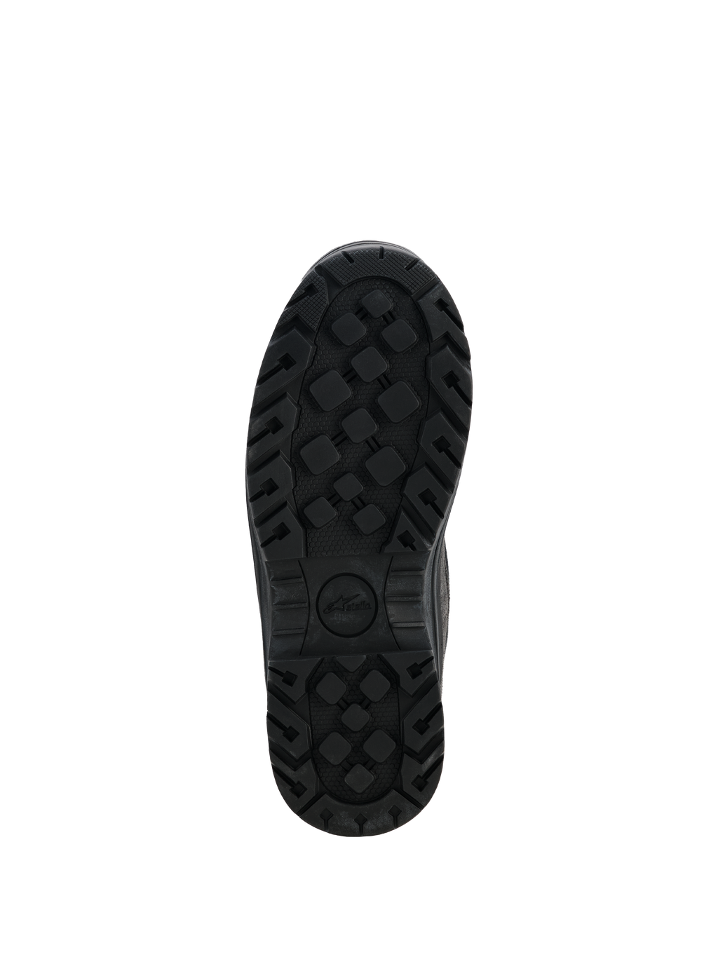 Bottes imperméables Alpinestars Judy pour femme, bottes de moto noires, vue de dessous de la semelle extérieure en caoutchouc robuste, motif de traction texturé pour une adhérence et une durabilité accrues, avec le logo Stella