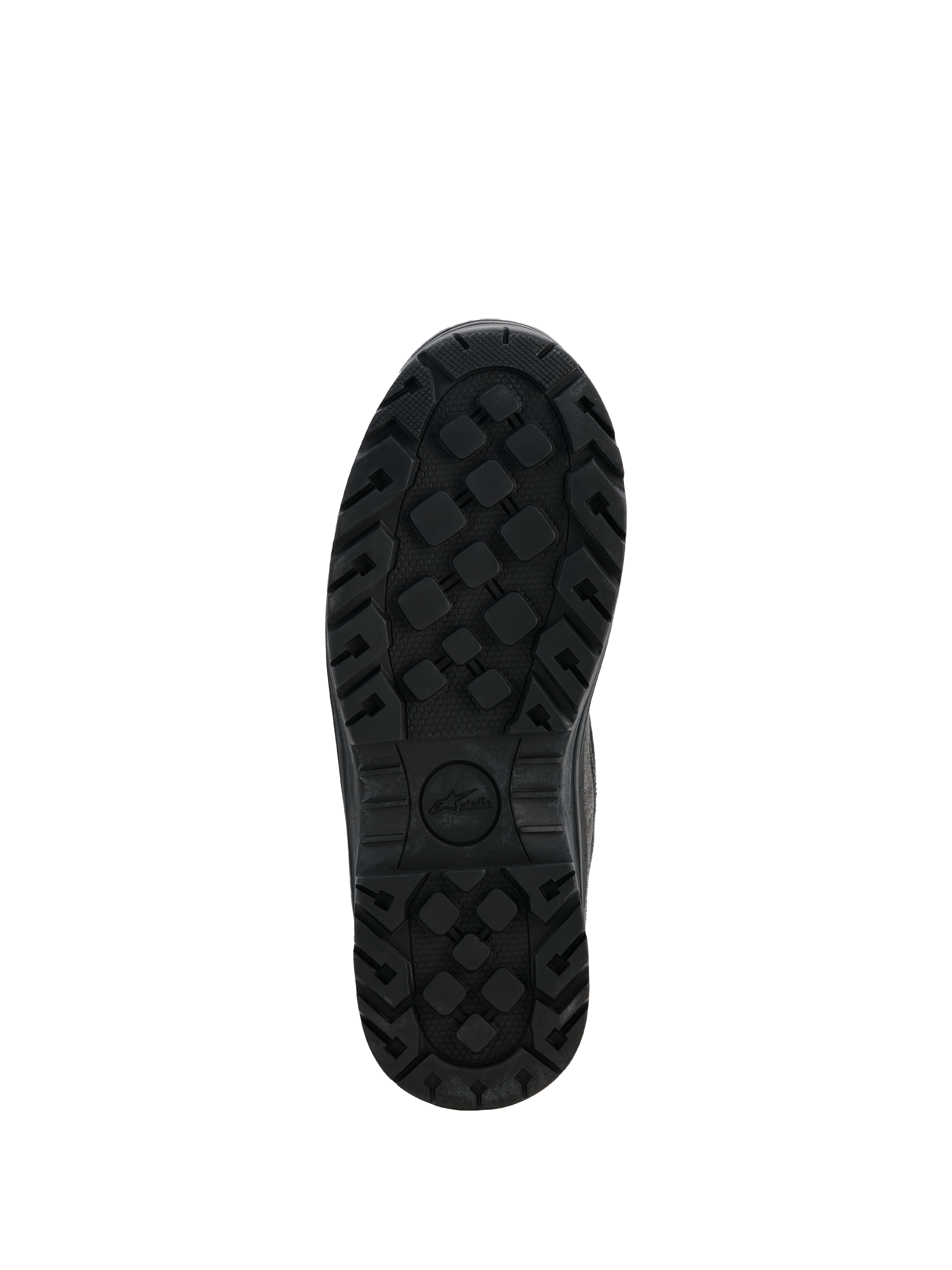 Bottes imperméables Alpinestars Judy pour femme, bottes de moto noires, vue de dessous de la semelle extérieure en caoutchouc robuste, motif de traction texturé pour une adhérence et une durabilité accrues, avec le logo Stella