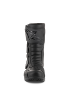 Bottes Alpinestars Radon Drystar®, bottes de moto touring imperméables, noir, vue de face montrant la plaque tibiale avec le logo Alpinestars, des sangles réglables et une pointe renforcée
