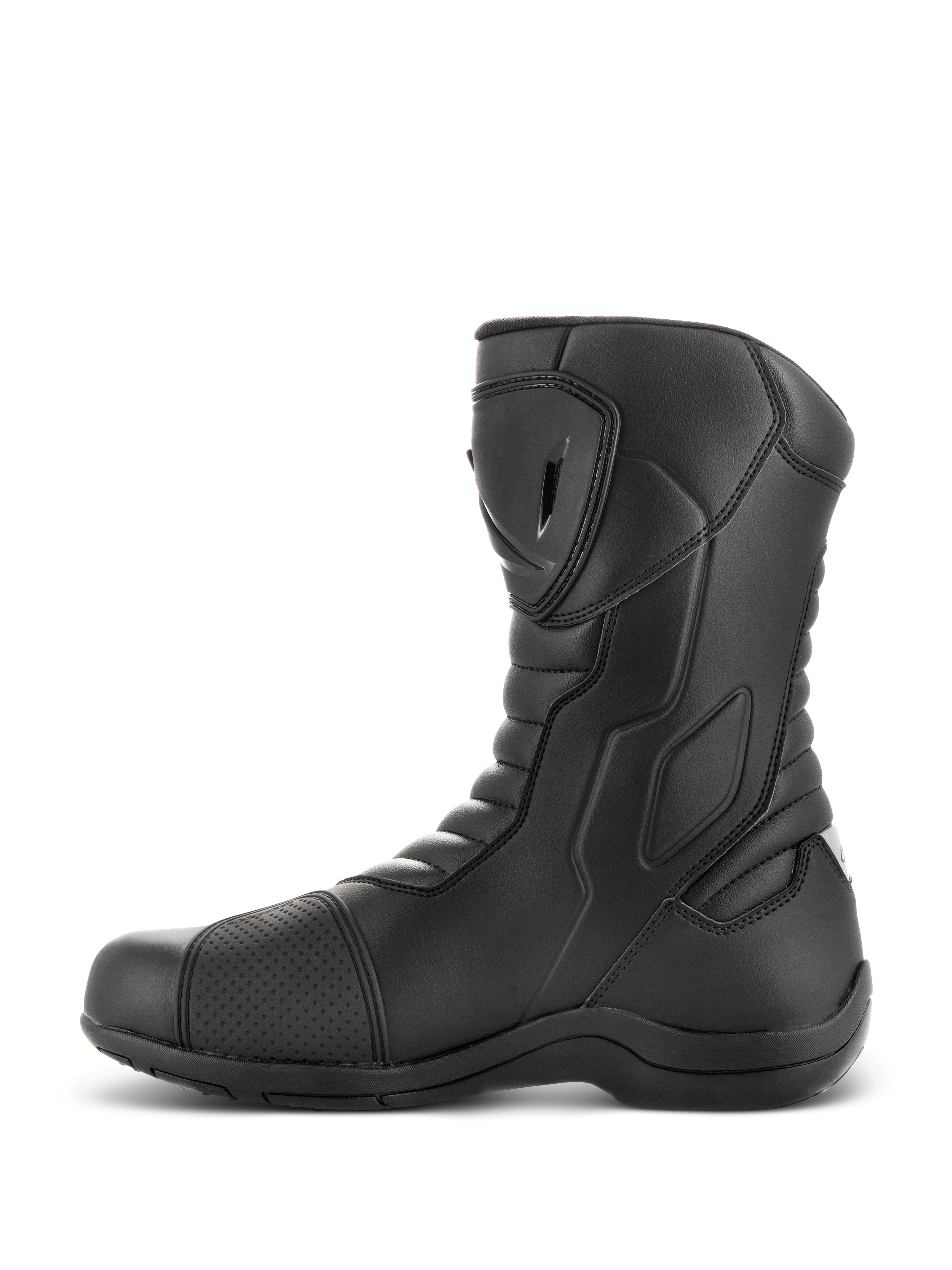 Bottes Alpinestars Radon Drystar®, bottes de touring moto, noires, vue de profil avec plaque de protection tibiale en TPU et renfort sélecteur, zones de flexion en accordéon, construction en microfibre durable pour le touring d'aventure