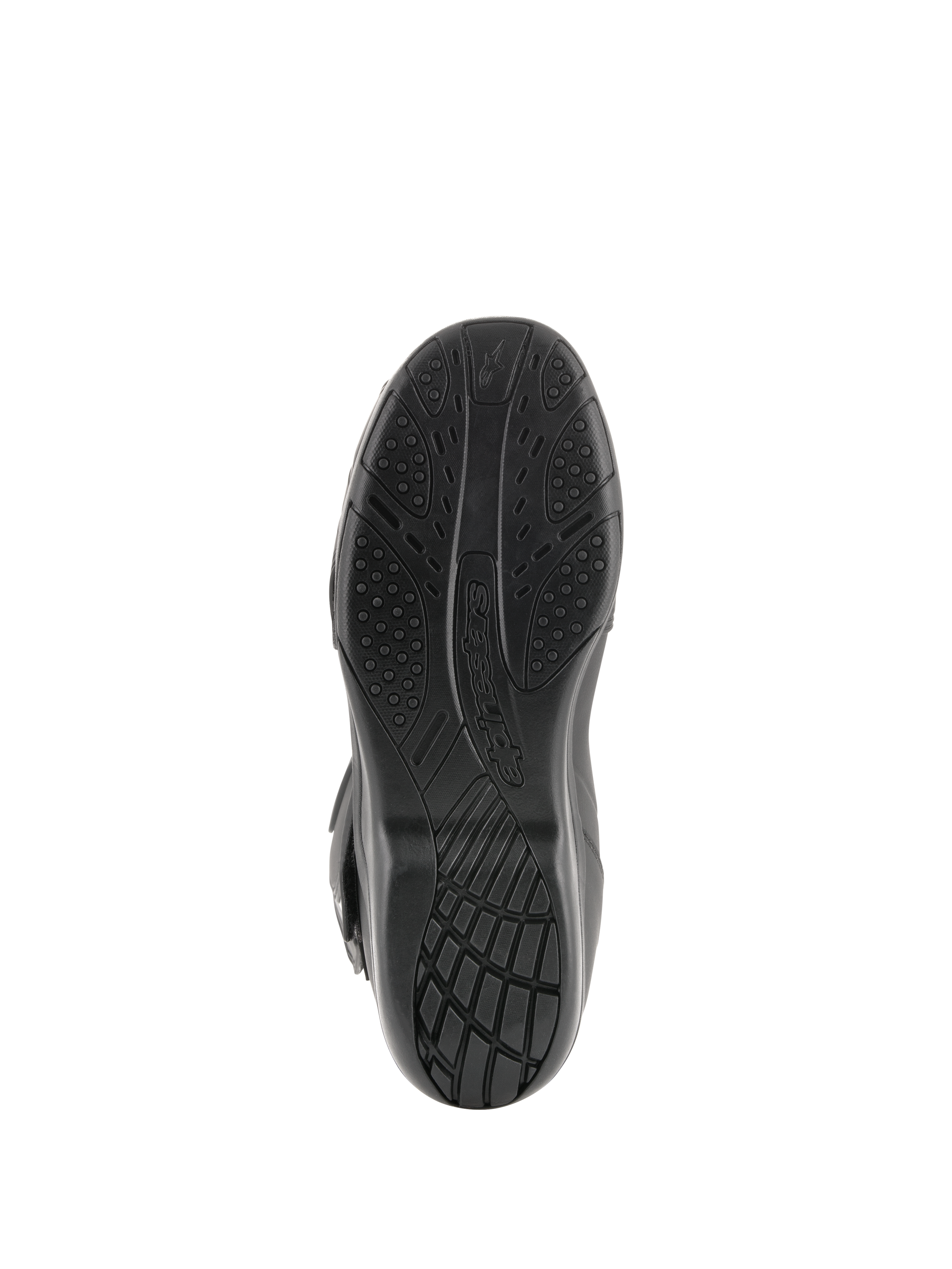Bottes Alpinestars Radon Drystar®, bottes de touring moto, vue de dessous de la semelle noire en composé vulcanisé avec motifs d'adhérence texturés et logo Alpinestars.