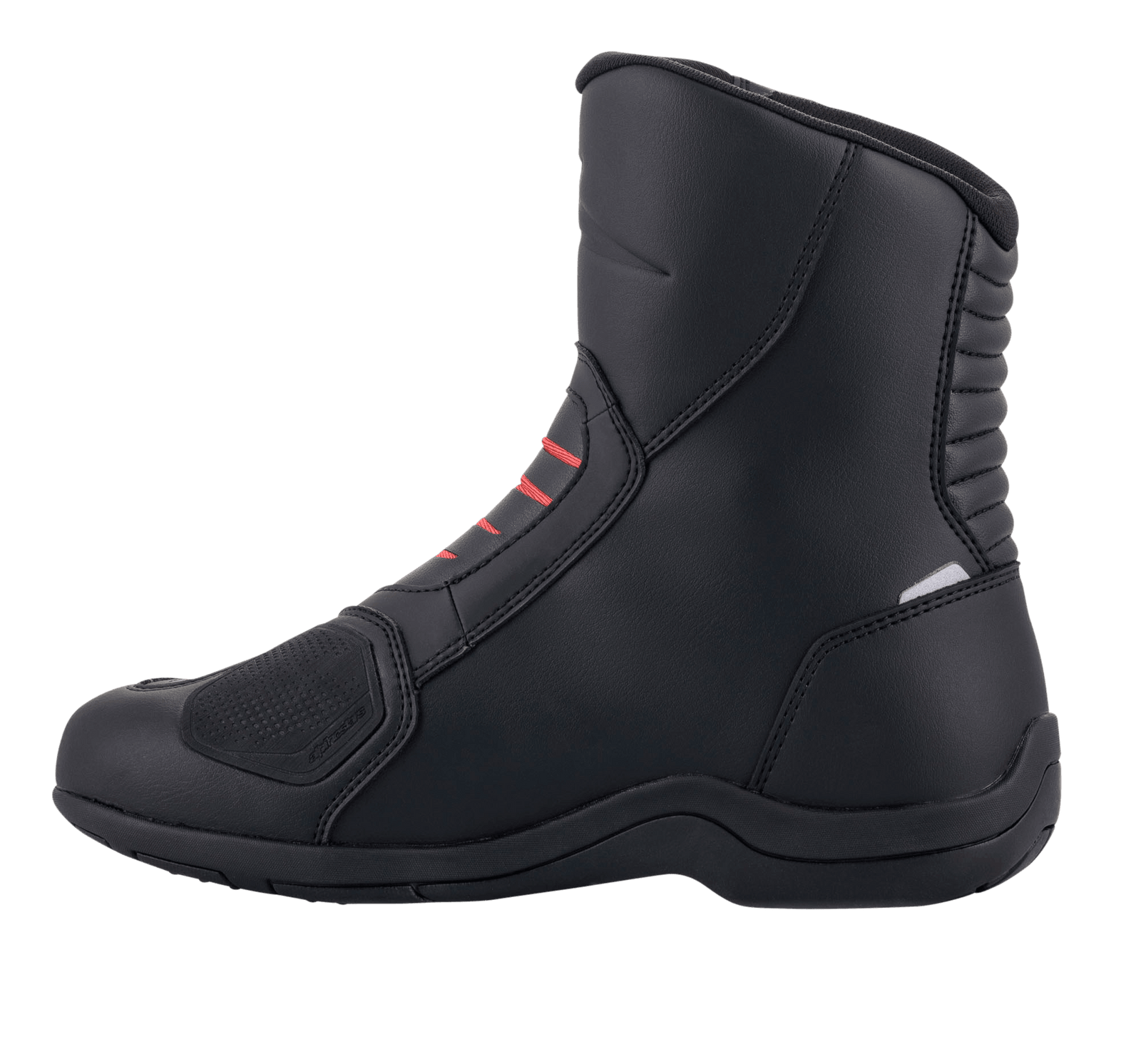 Alpinestars Ridge V2 Waterproof Boot, Black, side profile of motorcycle touring boot featuring red accents on the bridge, reinforced shifter pad, and accordion flex panels on the heel