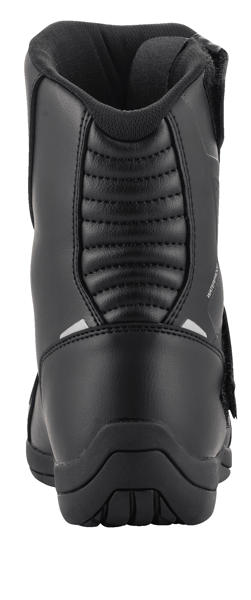 Alpinestars Ridge V2 Waterproof Boot, Tech Touring Motorcycle Boot, Black, rear view featuring padded accordion panel on the heel, durable microfiber construction, and waterproof branding