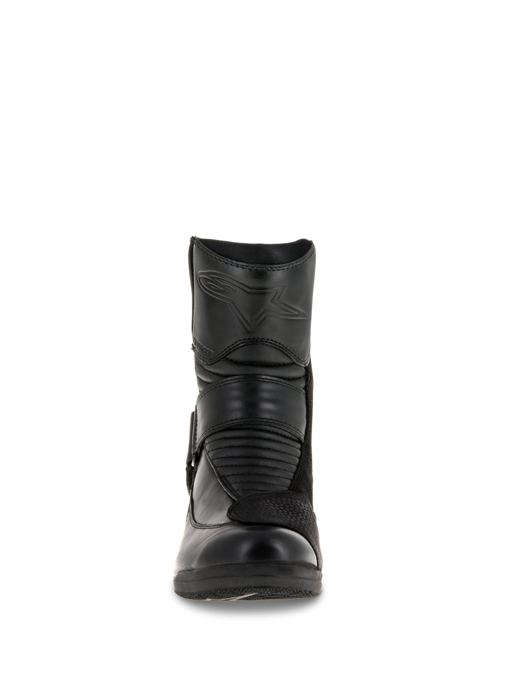 Bottes Alpinestars Stella Valencia Waterproof pour femme, vue de face, construction en cuir noir, avec zones accordéon flexibles à l'avant et logo étoile embossé sur le tibia, botte de touring moto imperméable à coupe basse