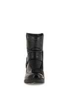 Bottes Alpinestars Stella Valencia Waterproof pour femme, vue de face, construction en cuir noir, avec zones accordéon flexibles à l'avant et logo étoile embossé sur le tibia, botte de touring moto imperméable à coupe basse