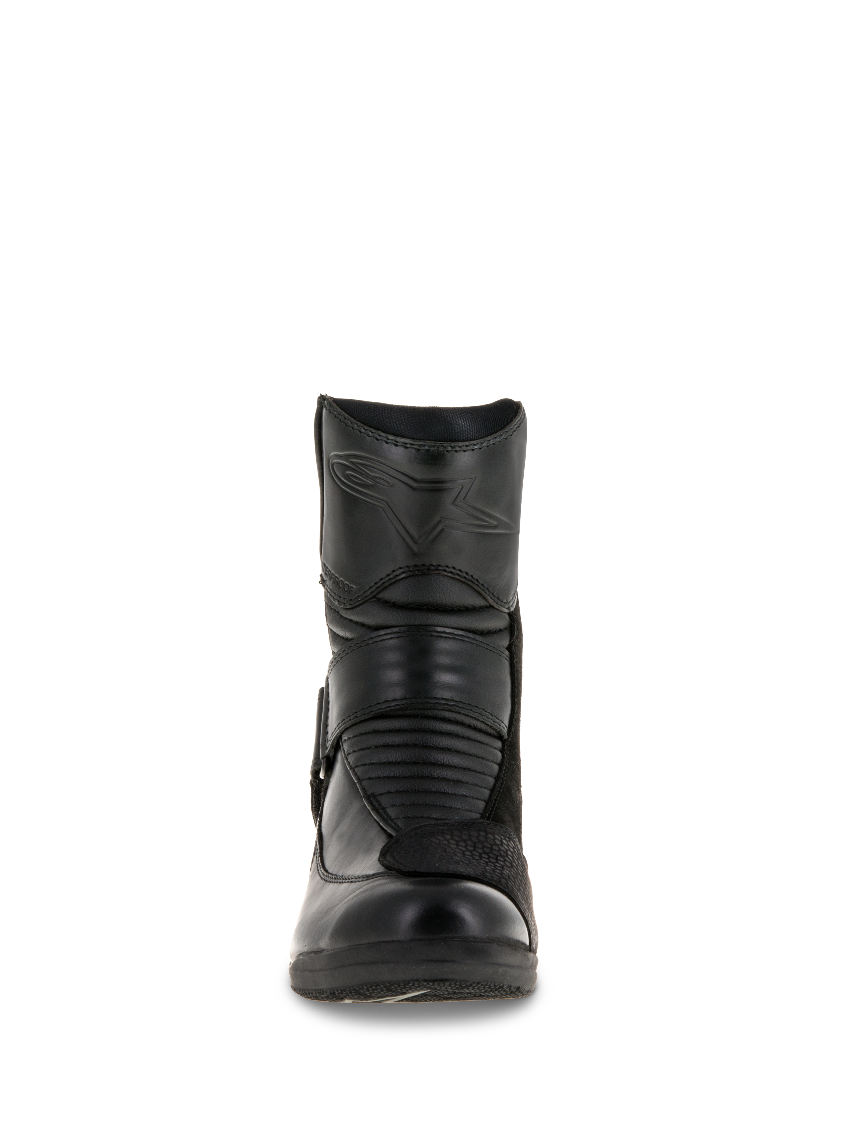 Bottes Alpinestars Stella Valencia Waterproof pour femme, vue de face, construction en cuir noir, avec zones accordéon flexibles à l'avant et logo étoile embossé sur le tibia, botte de touring moto imperméable à coupe basse