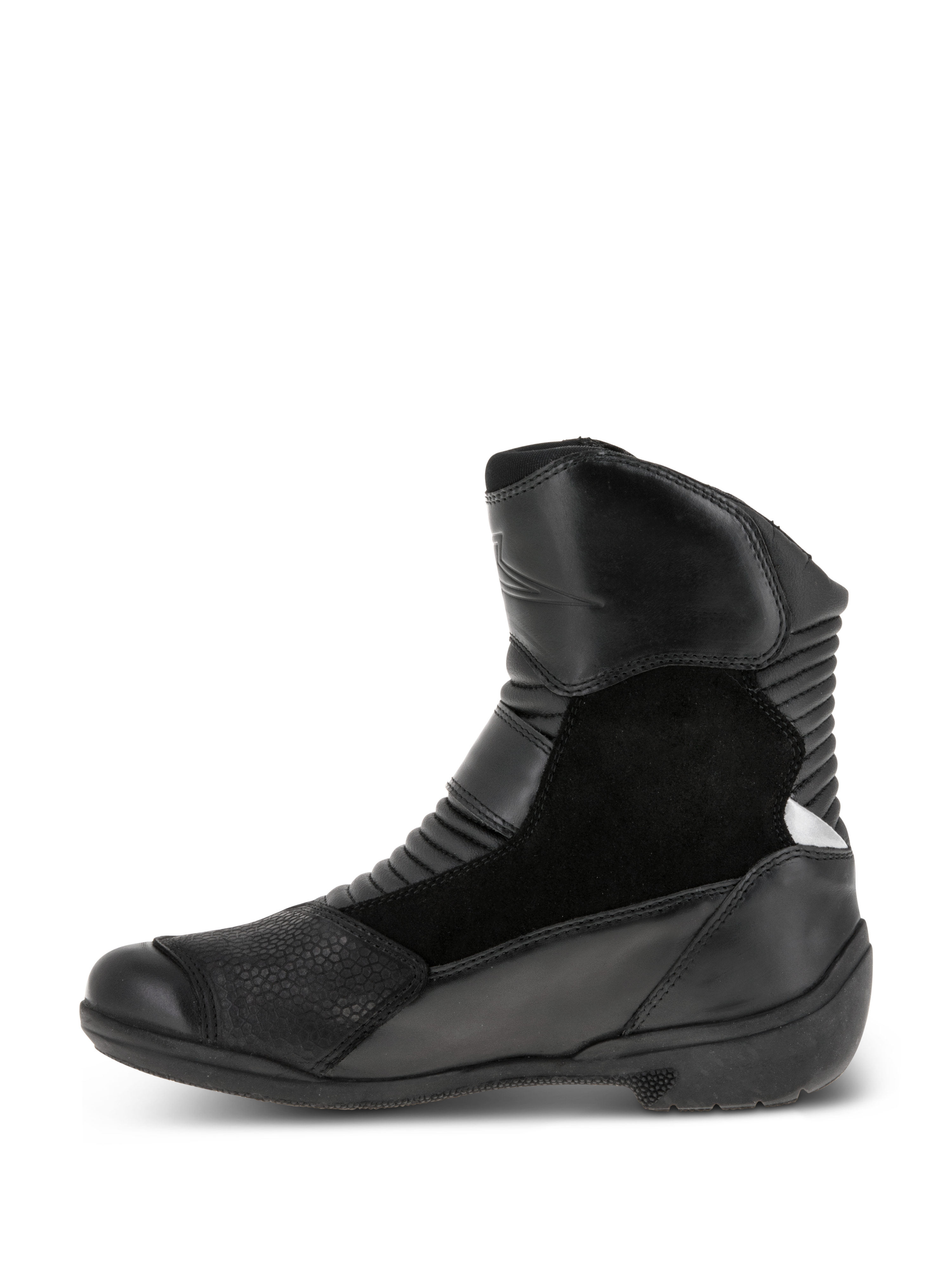 Alpinestars Bottes Stella Valencia Waterproof pour femme, noir, vue latérale, conception multi-panneaux en cuir et daim, zones de flexion en accordéon à l'avant et à l'arrière, bottes de touring moto à tige basse