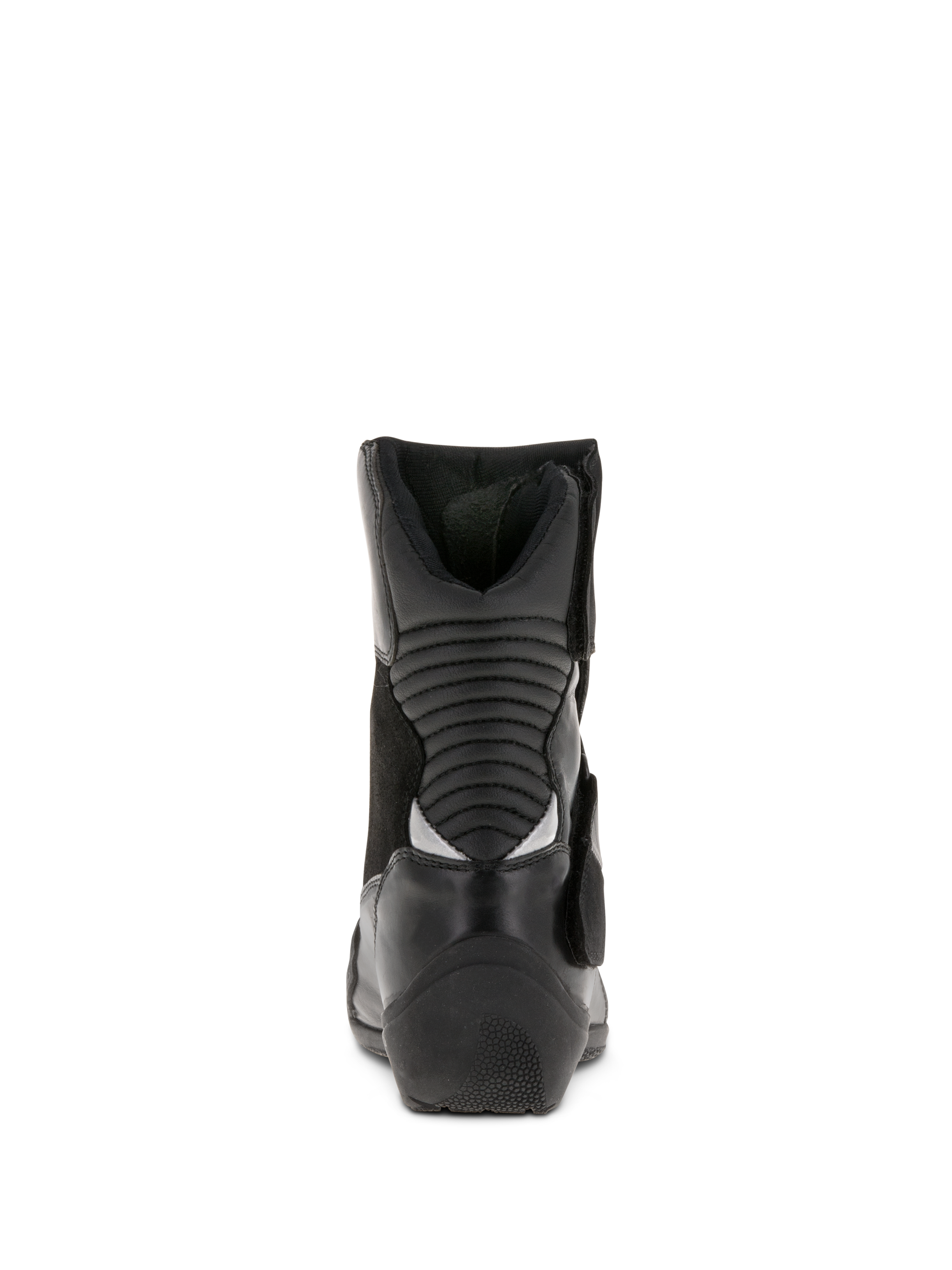 Bottes Alpinestars Stella Valencia Waterproof pour femme, noir, vue arrière montrant les zones de flexion en accordéon, bottes de touring moto à tige basse en cuir et daim avec talon texturé