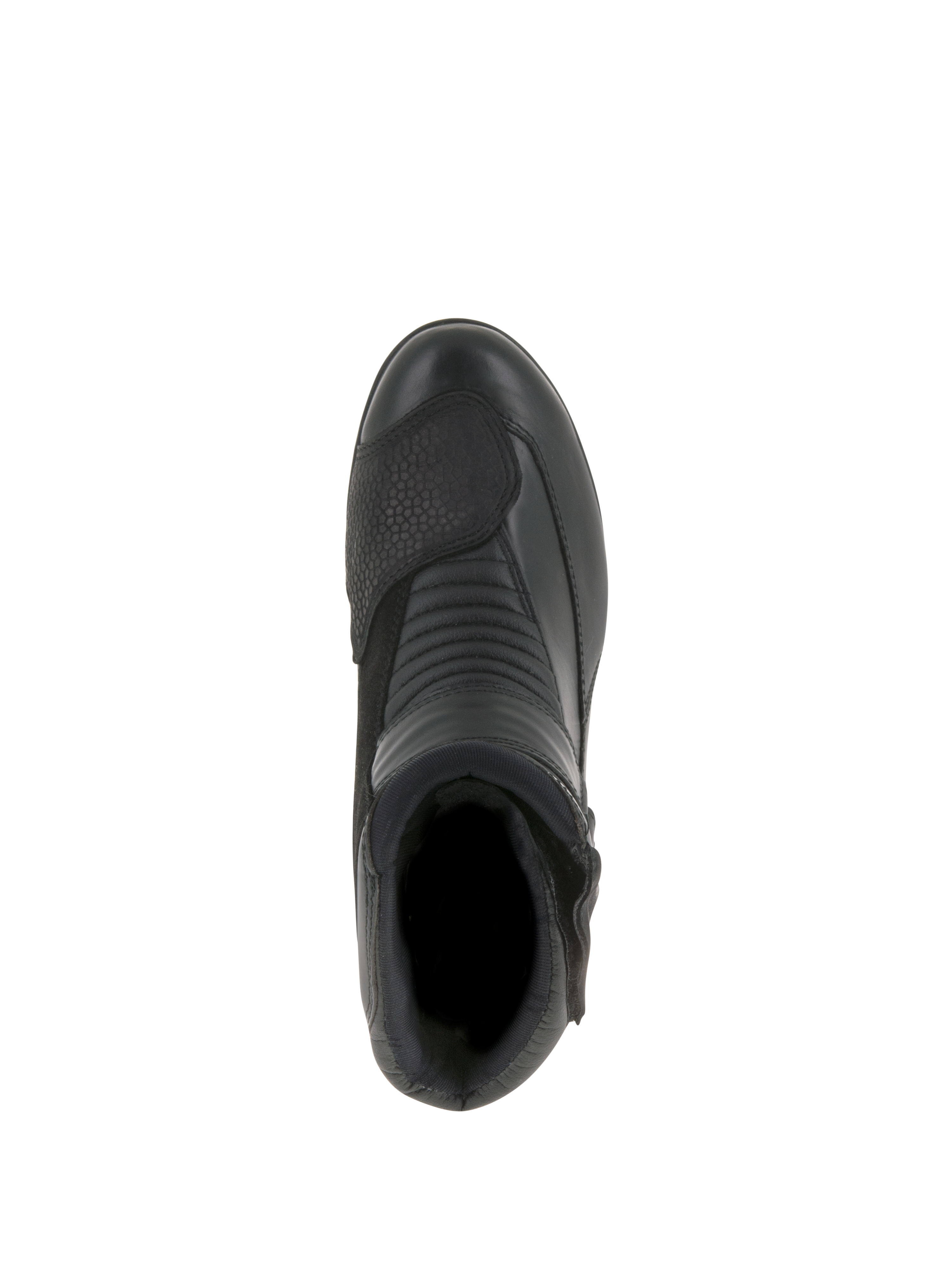 Bottes imperméables Alpinestars Stella Valencia pour femme, bottes de moto, noir, vue de dessus mettant en évidence les zones d'accordéon flexibles et le renfort de sélecteur texturé, conception basse en cuir et daim pour le touring