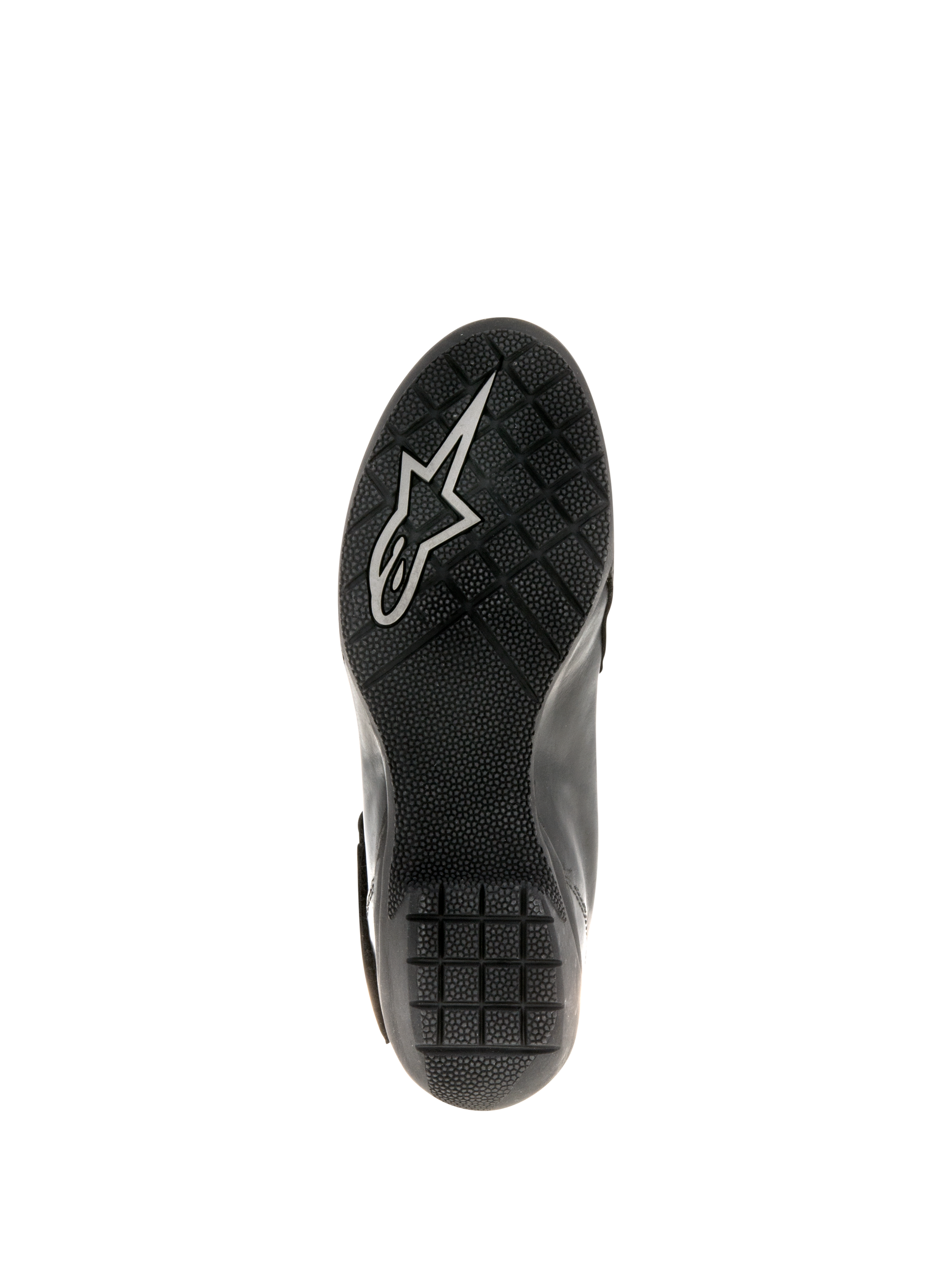 Bottes Alpinestars Stella Valencia Waterproof pour femme, noires, vue de la semelle montrant le caoutchouc texturé avec motif antidérapant et logo Astars blanc, conçues pour la stabilité en moto touring.
