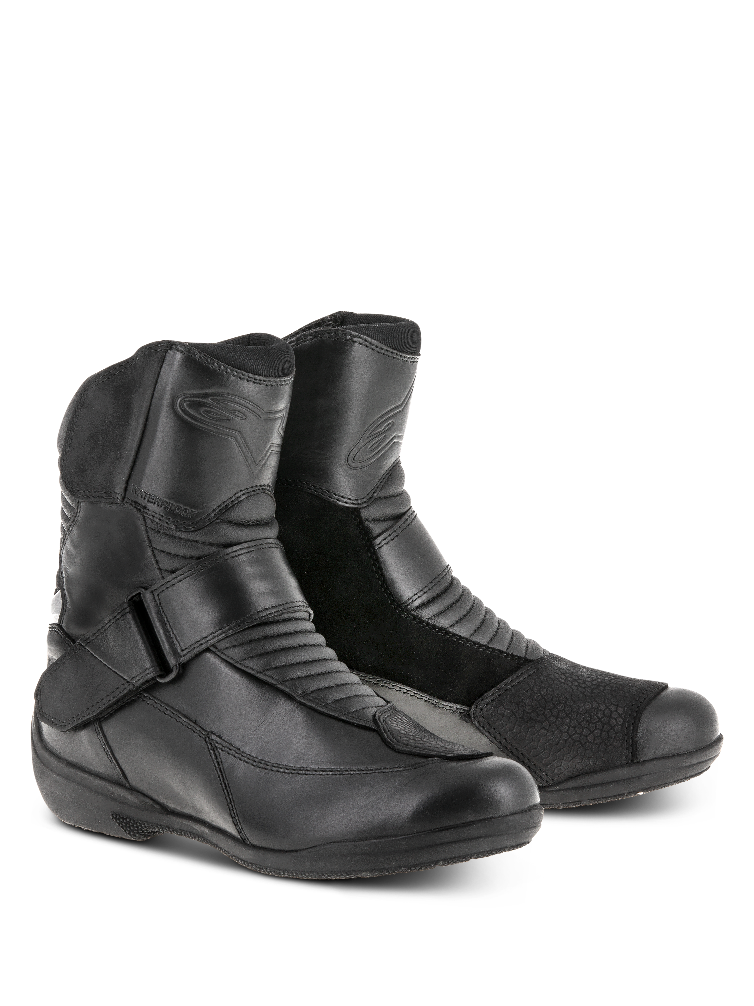 Alpinestars Stella Valencia Waterproof Boots, noir, bottes de touring à coupe basse avec empiècements en cuir et daim, zones flexibles en accordéon et sangle à boucle au cou-de-pied, chaussures de moto imperméables pour femme