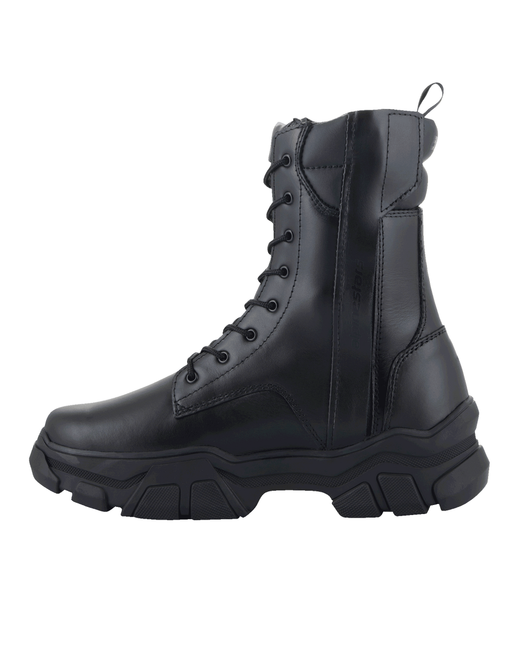 Alpinestars Ava Women Boots, Black full-grain leather, urban motorcycle boot with elevated chunky rubber sole, lace-up front and side zipper, protective footwear for women